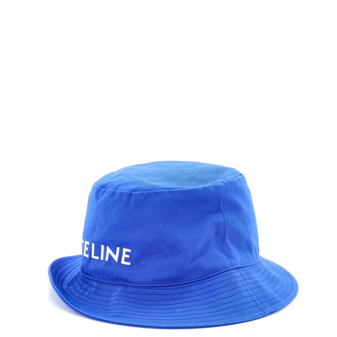 Canvas bucket hat with printed logo: Canvas bucket hat with printed logo Blue canvas bucket hat with a printed logo, made from plain cotton exterior and featuring creasing throughout in excellent condition. The interior also bears the