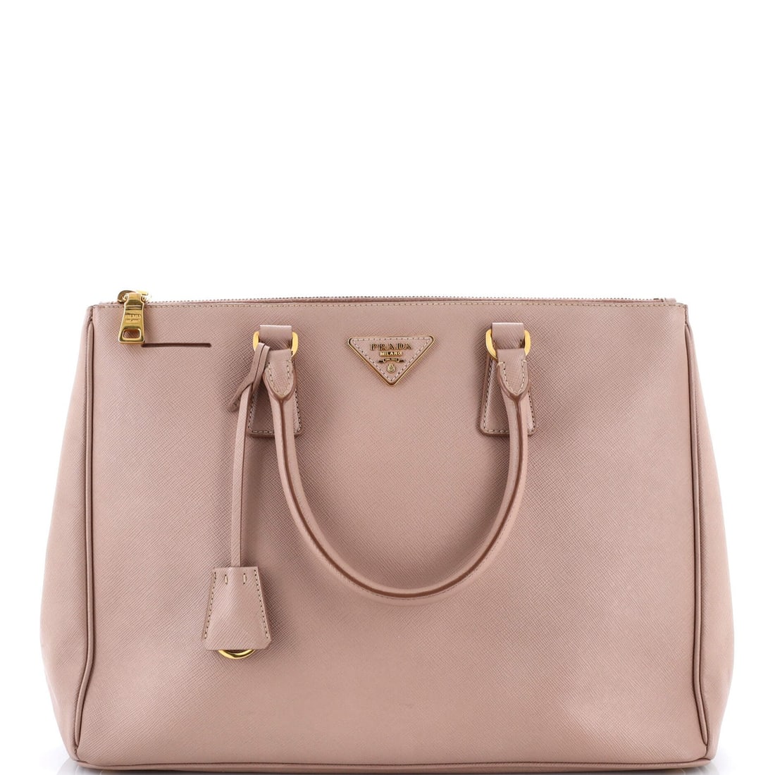 Double Zip Lux Large Saffiano Tote Prada: Double Zip Lux Large Saffiano Tote Prada Neutral Saffiano Leather Large Tote with Double Zip Closure, Measuring 10.5" Height x 14" Width x 6" Depth, Features Gold Hardware and Scuffs on Exterior