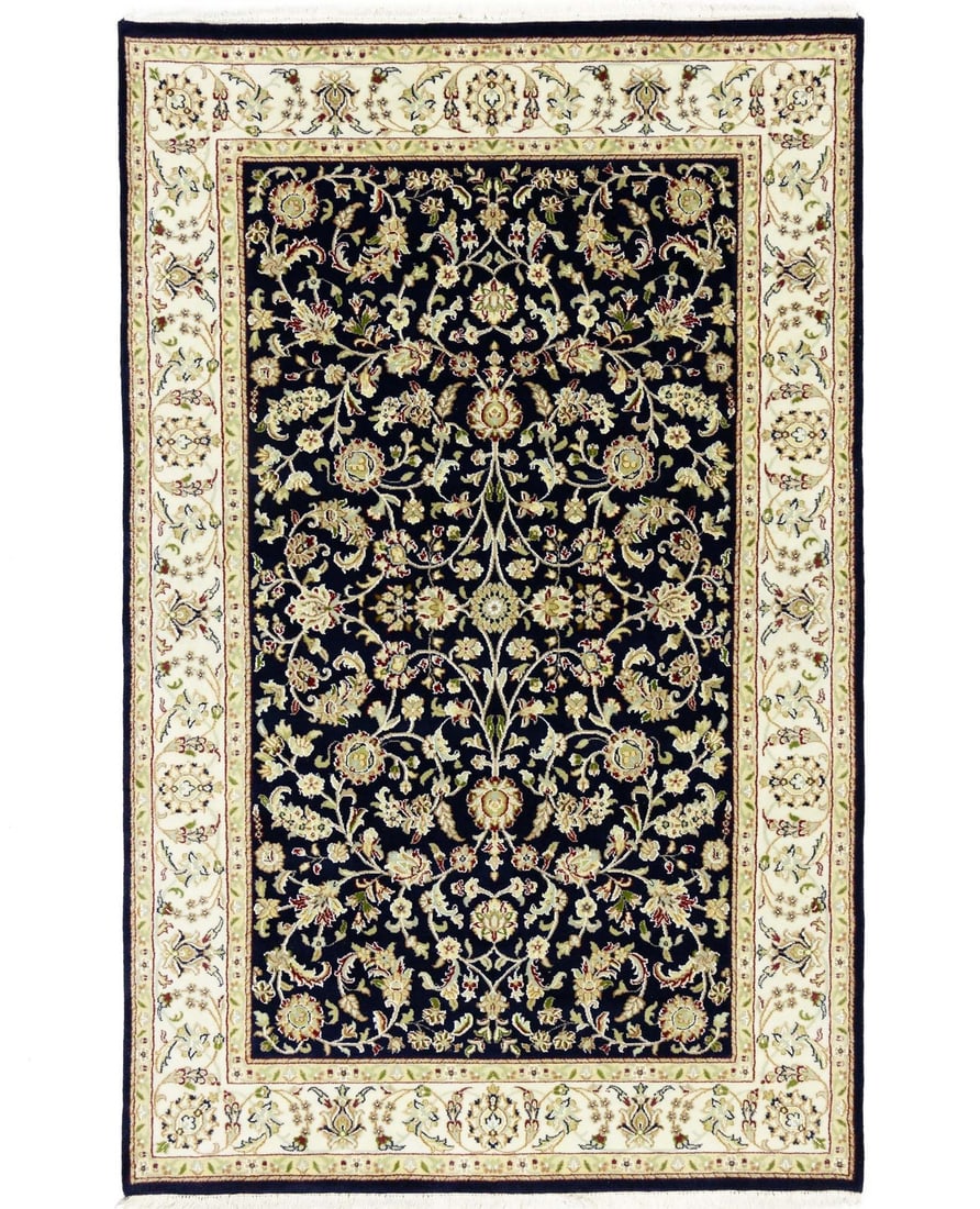 Oriental Wool Rug Allover Floral Style Entryway 5X8 ft Handmade Carpet: Oriental Wool Rug Allover Floral Style Entryway 5X8 ft Handmade Carpet Dark Navy Cream Beige Ivory Red Light Grey wool and silk hand-knotted rug with an allover floral design in a modern style,