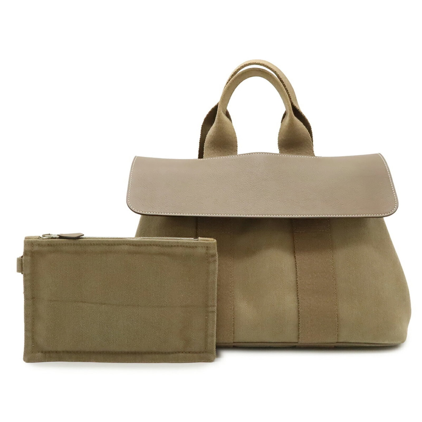 Hermes Handbag Tote Toile Chevron Leather: Hermes Handbag Tote Toile Chevron Leather Etoupe Gray Toile Chevron Leather Tote from Hermes, featuring the iconic brand's signature style with a casual, everyday aesthetic. This used tote bag boasts