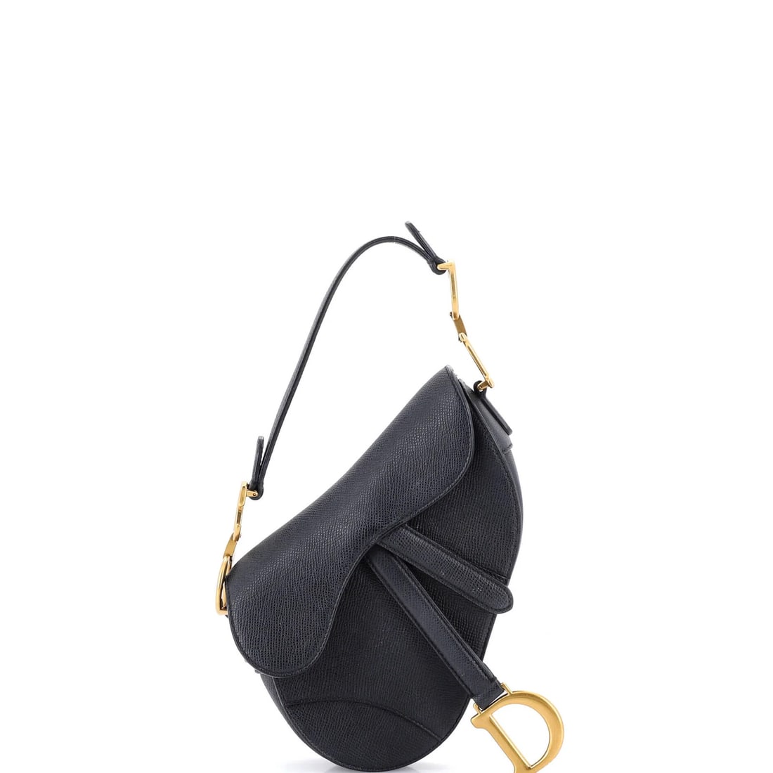 Mini leather saddle handbag by Christian Dior: Mini leather saddle handbag by Christian Dior Mini leather saddle handbag by Christian Dior. This black mini shoulder bag features suede interior and aged gold hardware, with exterior scuffs, edge