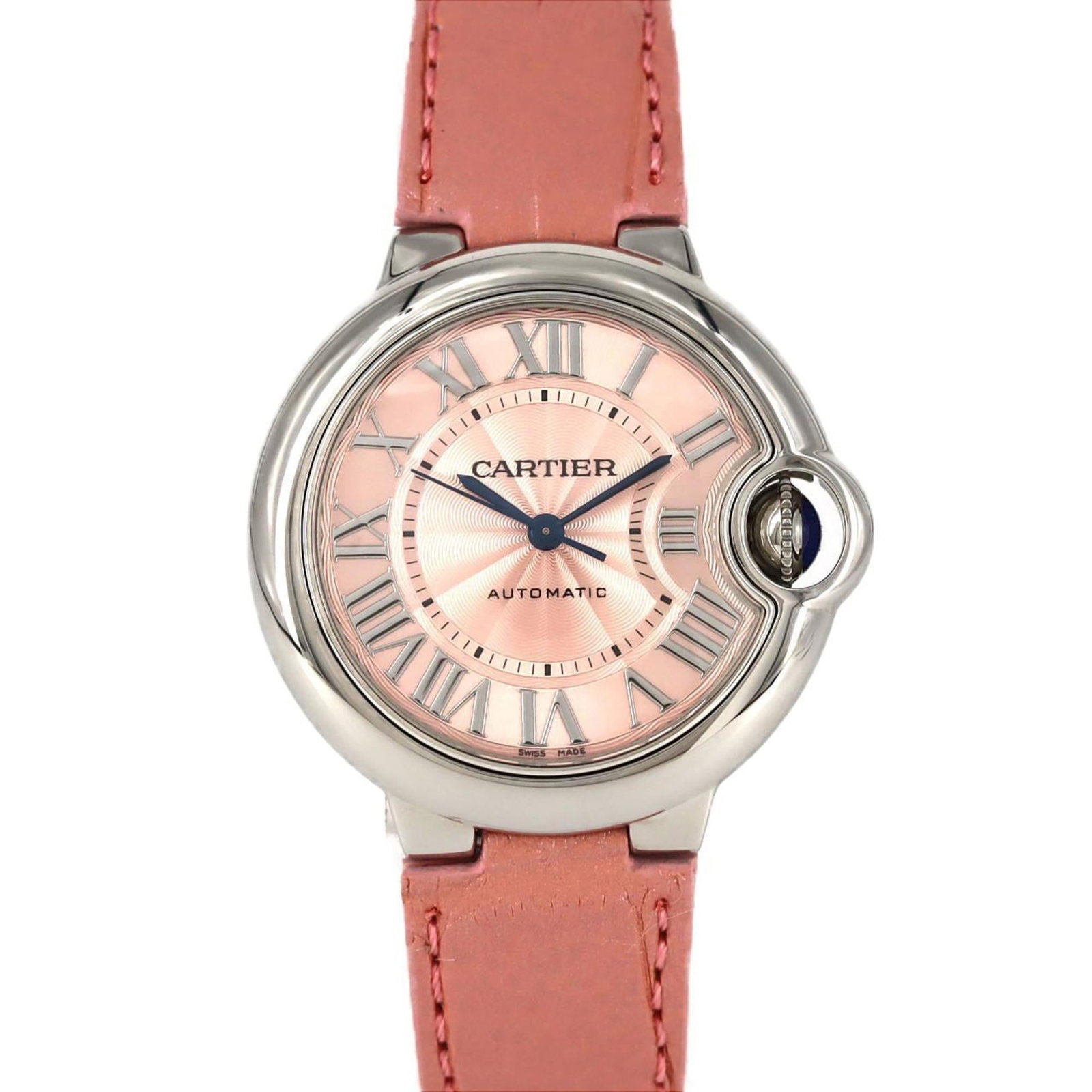 Cartier Wristwatch: Cartier Wristwatch Stainless steel case provides a sleek and modern base for the Cartier wristwatch, which boasts a pink dial. The watch's 33mm diameter fits comfortably on most wrists. A few traces