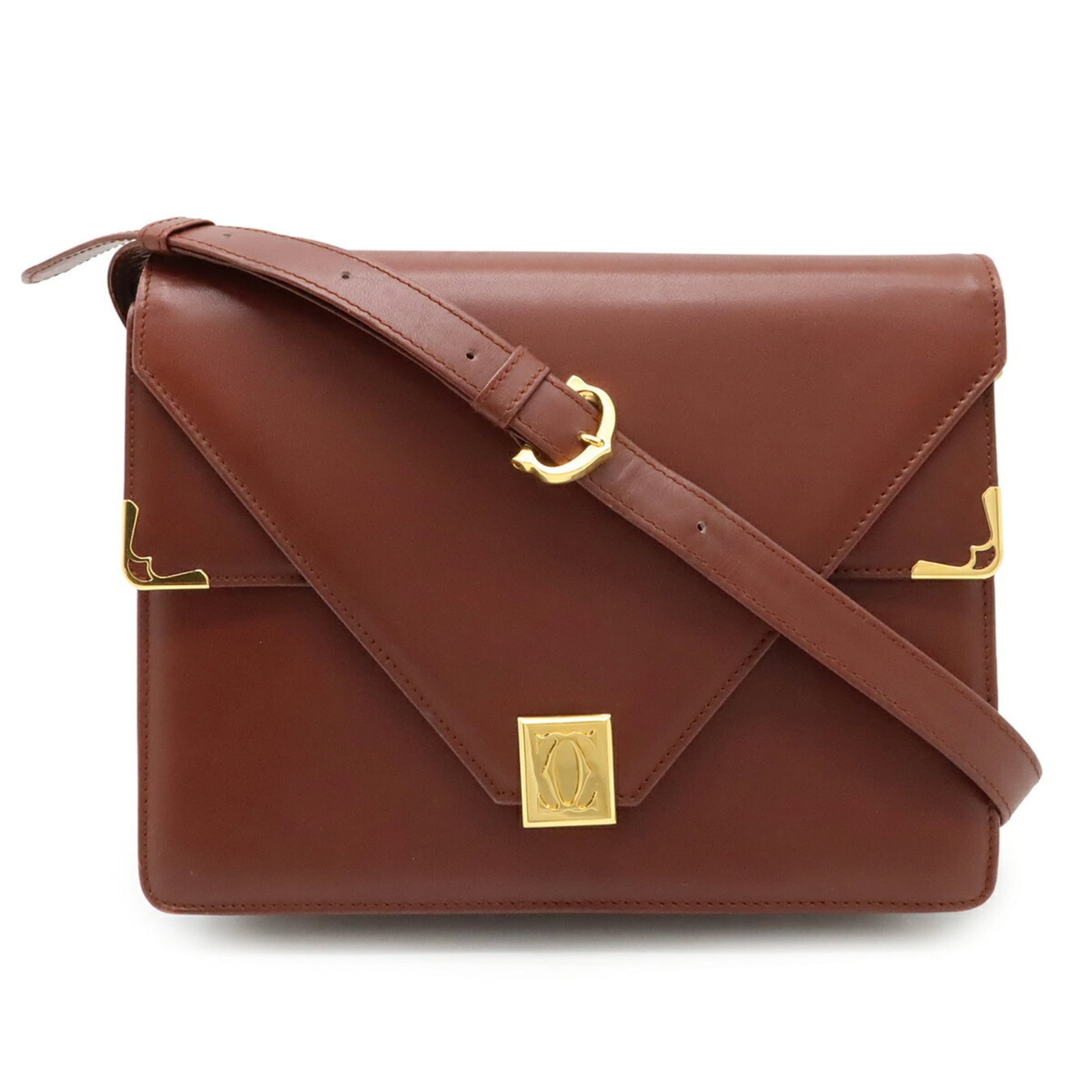 Shoulder Bag Leather Cartier Pochette: Shoulder Bag Leather Cartier Pochette Bordeaux leather Cartier Pochette, a stylish shoulder bag with classic design. Measuring 19cm x 24cm x 4.5cm, it features a durable strap length of 113cm and