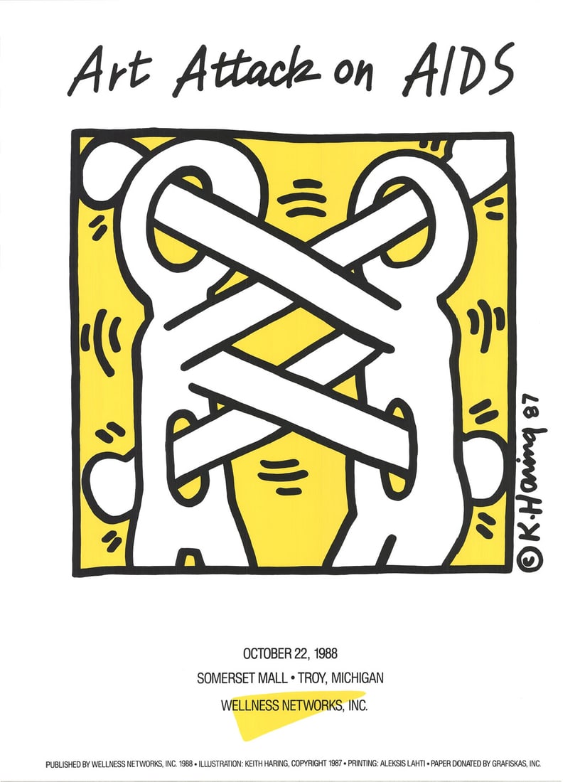 KEITH HARING Art Attack on AIDS 40" x 30" Serigraph 1988 Pop Art White Yellow (1 of 15)
