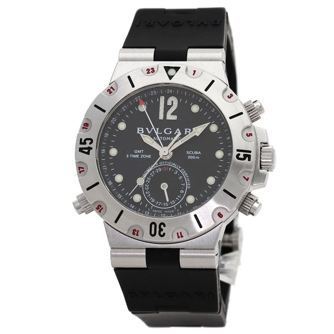 Bvlgari Diagono Scuba Watches Sd38S Stainless Steel/ Rubber: Bvlgari Diagono Scuba Watches Sd38S Stainless Steel/ Rubber Stainless steel and rubber blend in sleek silver construction, defining the Bvlgari Diagono Scuba watch. This mechanical automatic timepiece