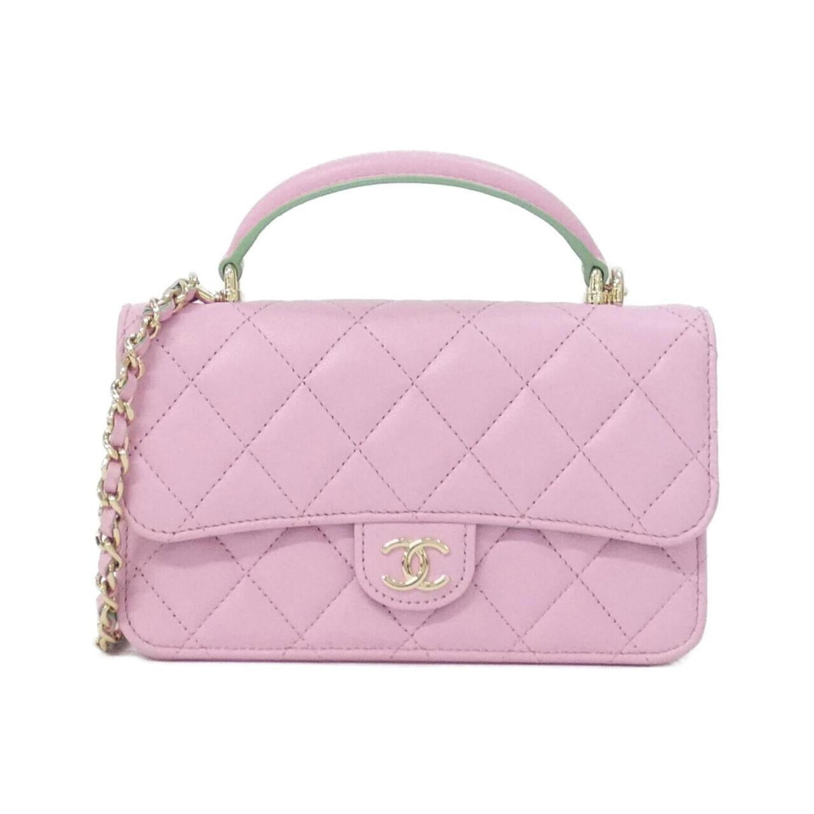 Chanel Handbag Shoulder Bag Leather: Chanel Handbag Shoulder Bag Leather Chanel Handbag Shoulder Bag Leather features a timeless design with lambskin leather in vibrant green and pink hues, complemented by gold hardware. The bag