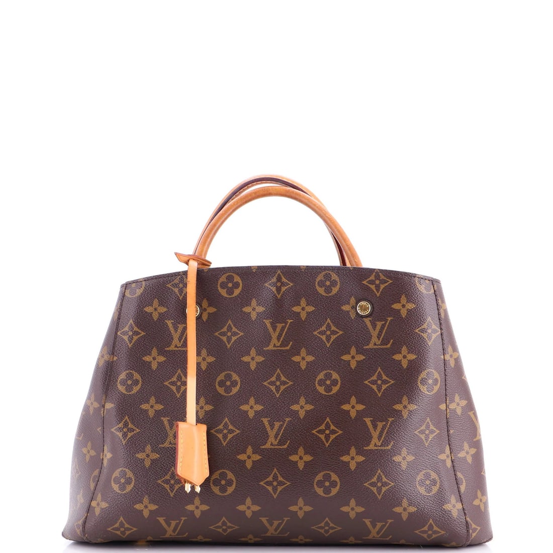 Montaigne Louis Vuitton Handbag Monogram Canvas MM: Montaigne Louis Vuitton Handbag Monogram Canvas MM Brown Montaigne Louis Vuitton Handbag Monogram Canvas MM features a classic totes design with scuffs, minor creases, and edge wear on the exterior.
