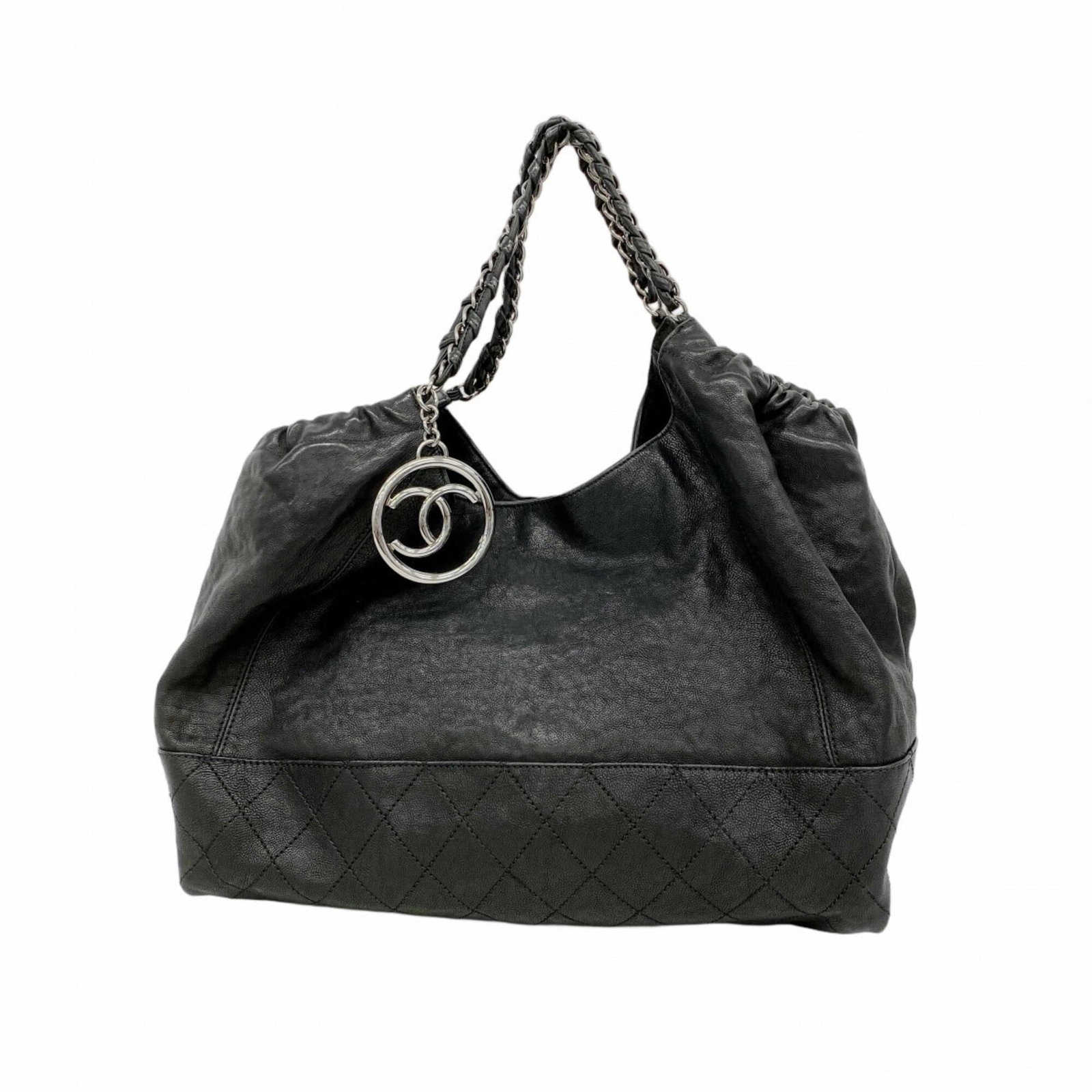 Tote Bag Leather from Chanel: Tote Bag Leather from Chanel This pre-owned Chanel tote bag features genuine leather construction and a timeless design. The black leather exterior showcases silver-toned hardware, adding an elegant