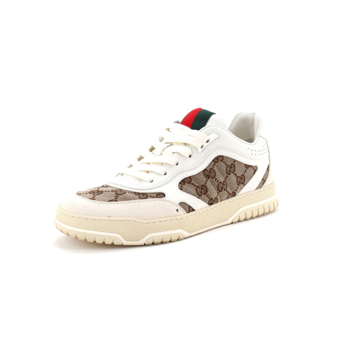 Gucci Re-Web Sneakers GG Canvas and Leather: Gucci Re-Web Sneakers GG Canvas and Leather Canvas and leather upper, classic Gucci Re-Web Sneakers design, available in white with brown neutral accents. Minor flaws include creasing, darkening,