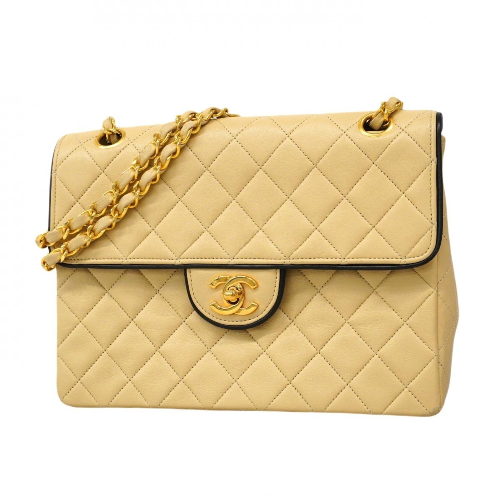 Shoulder bag leather Chanel: Shoulder bag leather Chanel This classic Chanel shoulder bag is crafted from luxurious lambskin leather in a timeless beige and black color combination. With its signature gold hardware, this stylish