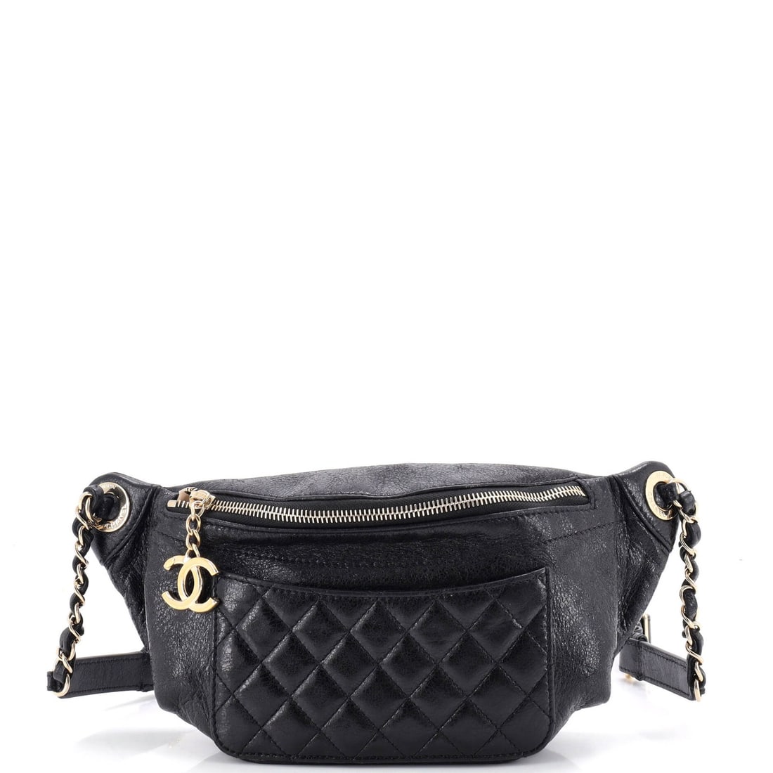 Chanel Bi Classic Waist Bag Quilted Crumpled Calfskin: Chanel Bi Classic Waist Bag Quilted Crumpled Calfskin Black quilted crumpled calfskin exterior, gold tone hardware, and black interior make up the Chanel Bi Classic Waist Bag. Measuring approximately