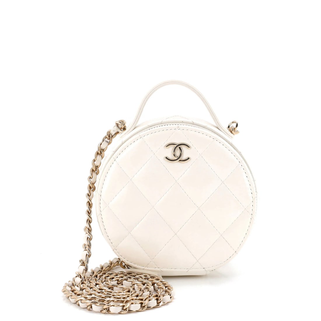 Round Vanity Case with Chain Quilted Lambskin Small Handle Care Chanel: Round Vanity Case with Chain Quilted Lambskin Small Handle Care Chanel The Round Vanity Case with Chain Quilted Lambskin Small Handle Care Chanel boasts a sleek, white leather exterior adorned with