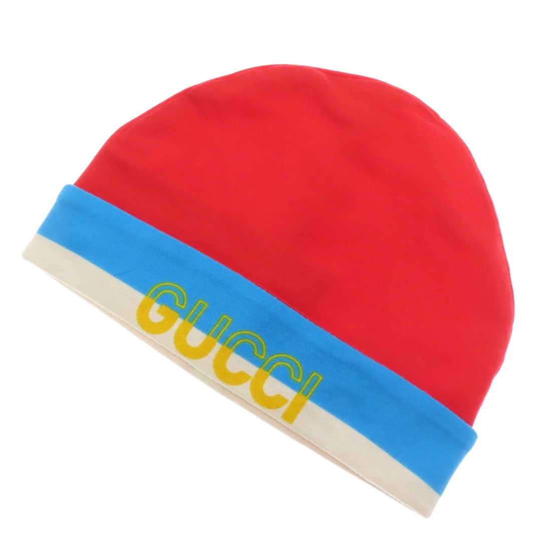 Baby Gucci 727887 Cotton Beanie Hat: Baby Gucci 727887 Cotton Beanie Hat Red and blue cotton beanie hat from GUCCI. Made with cotton material, this hat features a striking red exterior color. The iconic brand's style is showcased in ever