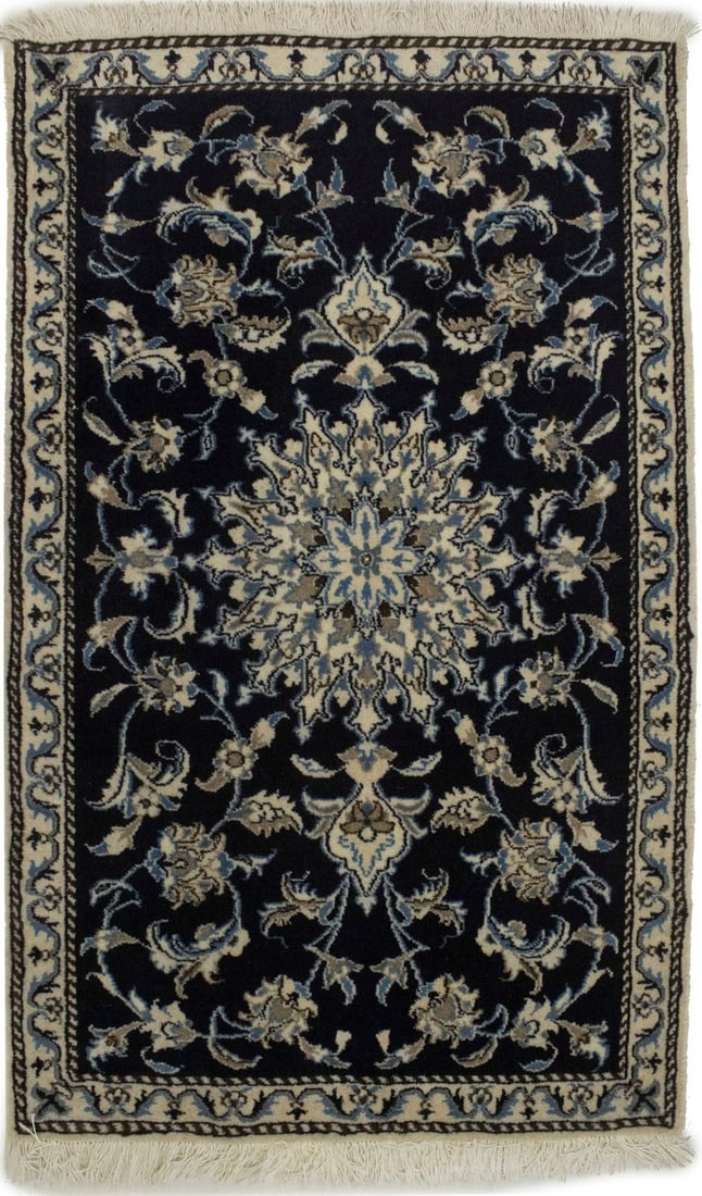 Hand-knotted oriental rug navy blue small classic floral carpet: Hand-knotted oriental rug navy blue small classic floral carpet Navy blue and cream-colored floral patterns create a classic design on this hand-knotted wool rug, measuring 2'9" x 4'7". Made with natu