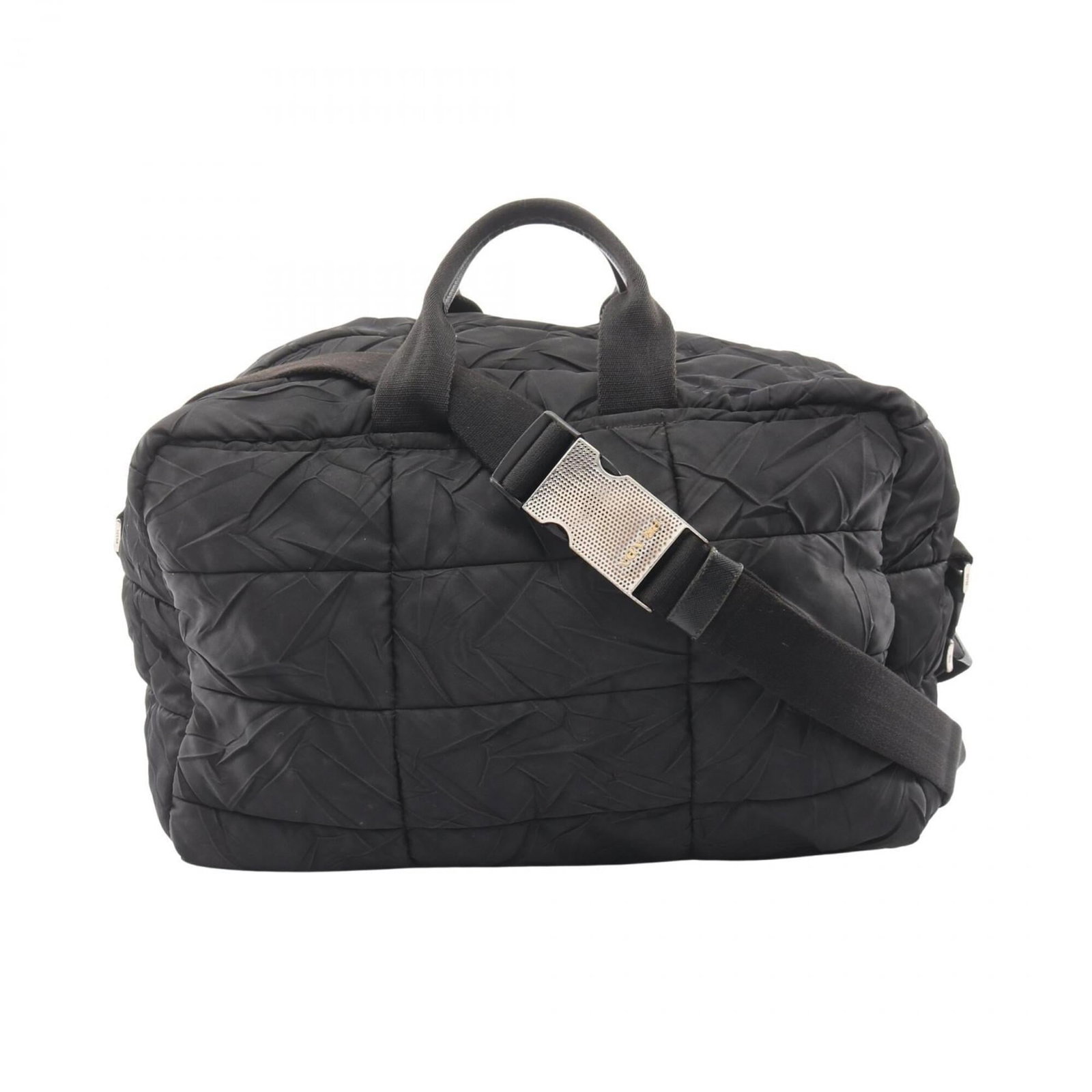 Boston Handbag Nylon Prada Bag: Boston Handbag Nylon Prada Bag Black nylon Prada Boston bag with traces of usage, scratches, and dirt. The bag measures 28cm x 41cm x 23cm and features a classic design that remains stylish despite