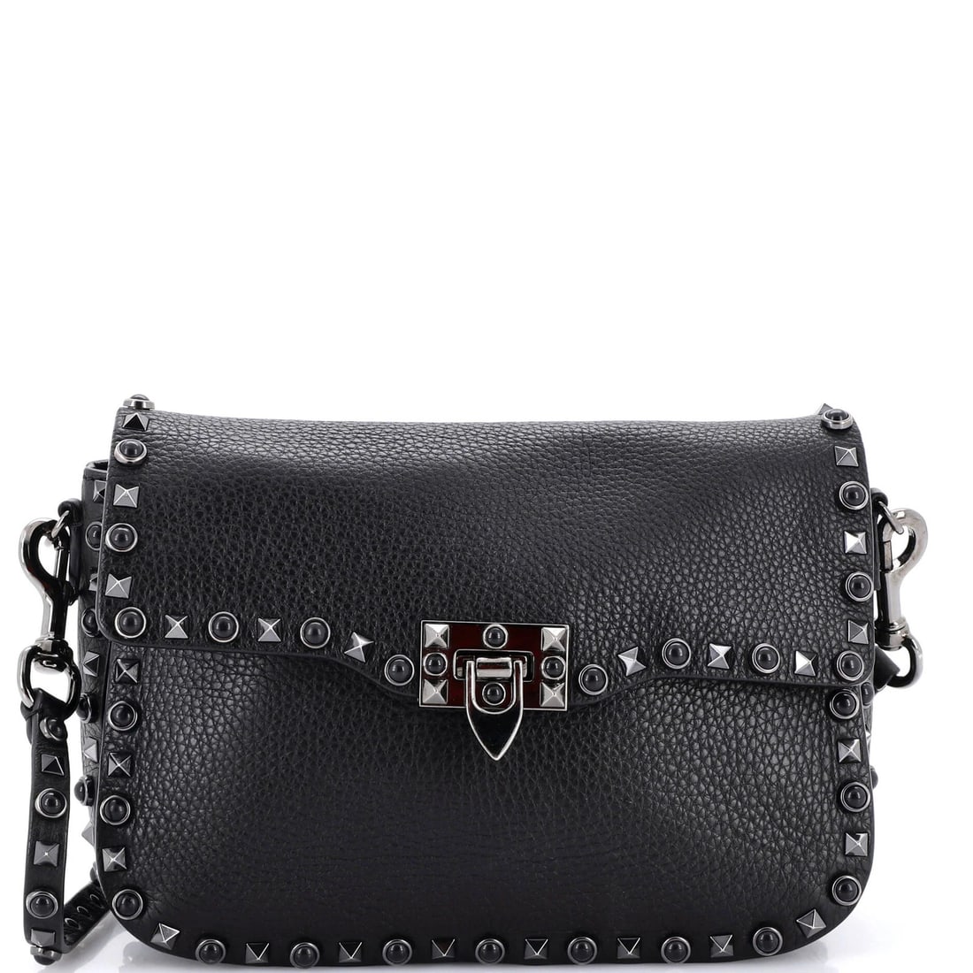 Valentino Garavani Rolling Rockstud Crossbody Bag Leather with Cabochons Medium: Valentino Garavani Rolling Rockstud Crossbody Bag Leather with Cabochons Medium Black leather Rolling Rockstud Crossbody Bag with cabochons in medium size, featuring scuffs and edge wear on exterior.