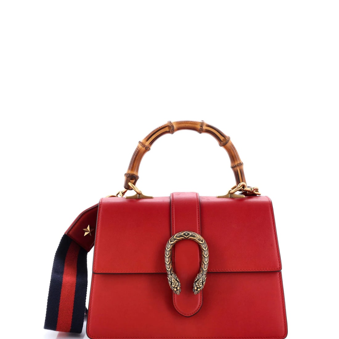 Gucci Medium Leather Bamboo Bag Top Dionysus: Gucci Medium Leather Bamboo Bag Top Dionysus Gucci's Medium Leather Bamboo Bag Top Dionysus boasts a striking red exterior with gold hardware, featuring the signature bamboo top handle. This stylish