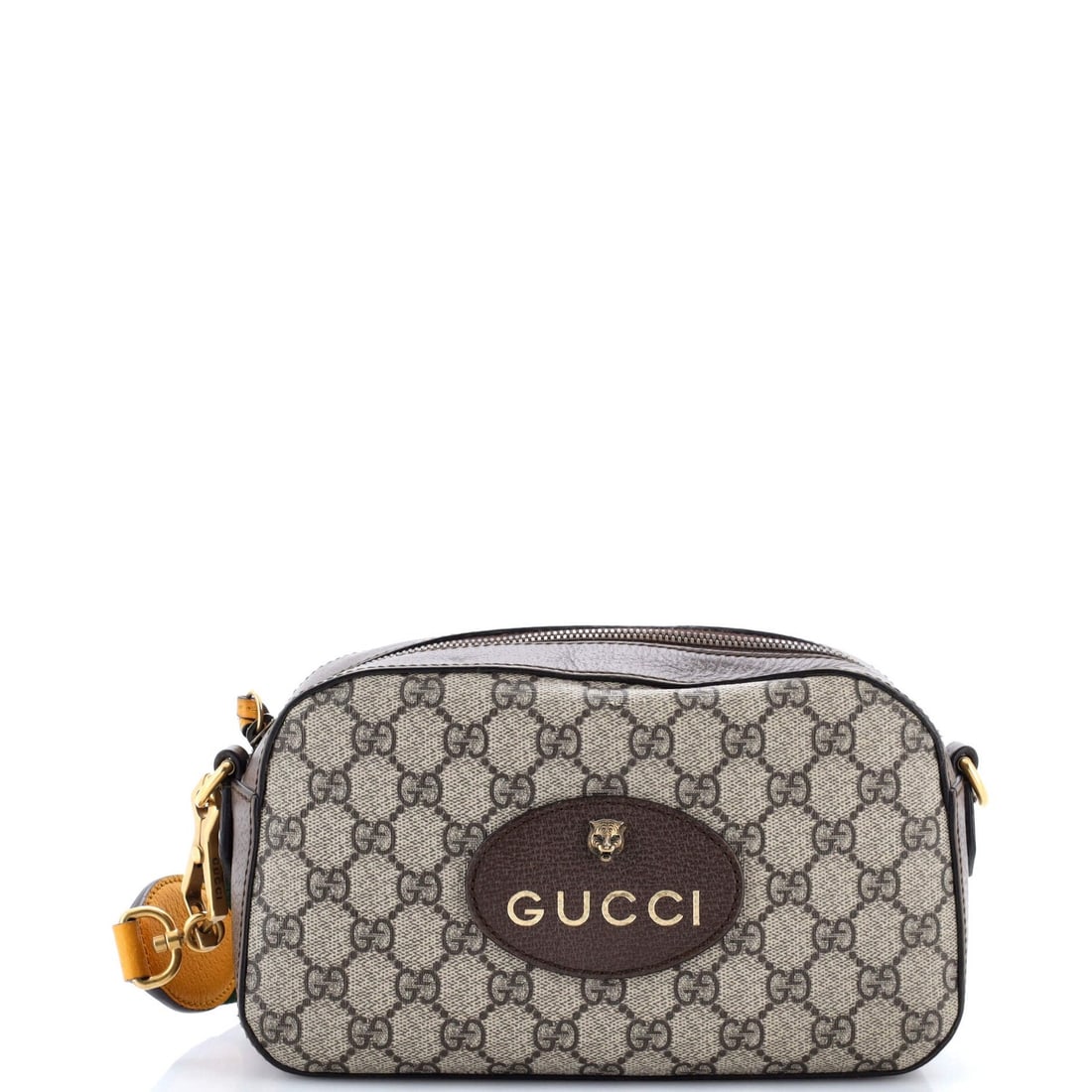 Gucci Coated Canvas Neo Messenger Bag Camera Vintage GG: Gucci Coated Canvas Neo Messenger Bag Camera Vintage GG Brown Gucci Neo Messenger Bag with Coated Canvas Exterior, Featuring Vintage GG Design. This cross-body bag boasts a unique camera-inspired
