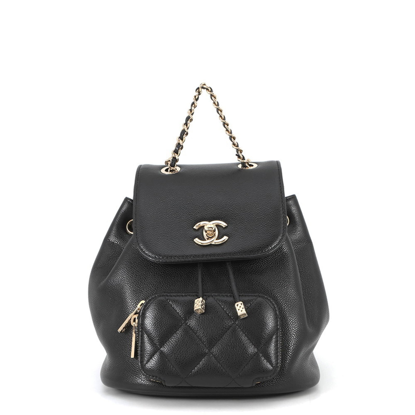 Chanel Handbag Grained Calfskin: Chanel Handbag Grained Calfskin Black Grained Calfskin Chanel Handbag with Minor Scratches and Signs of Usage, Measuring 21cm x 19cm x 12cm. This used handbag features the iconic Chanel design made