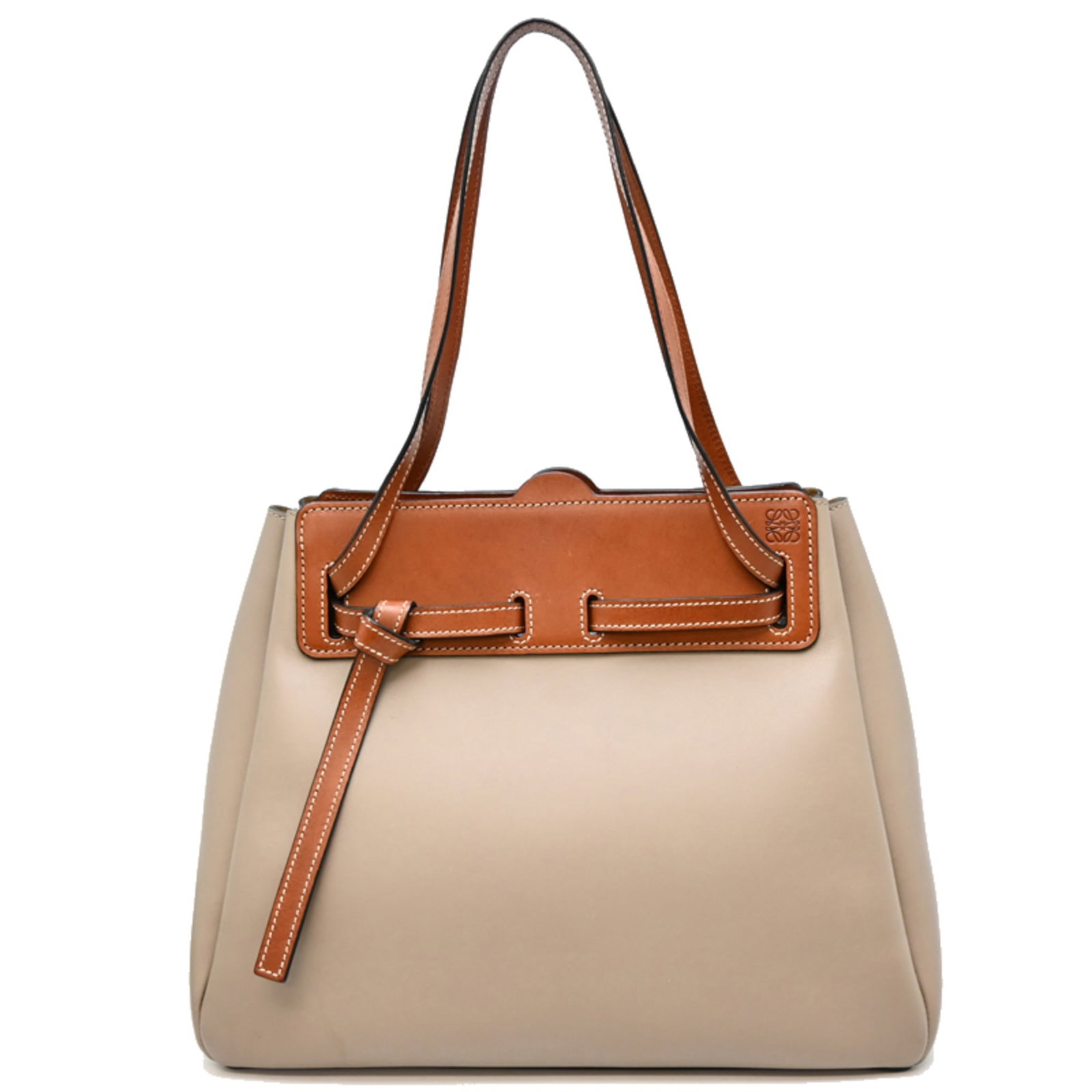 Shoulder Bag Leather by Loewe: Shoulder Bag Leather by Loewe Loewe's signature leather craftsmanship shines in this classic shoulder bag, featuring a timeless beige and grayish hue. With its compact size and subtle scratches from