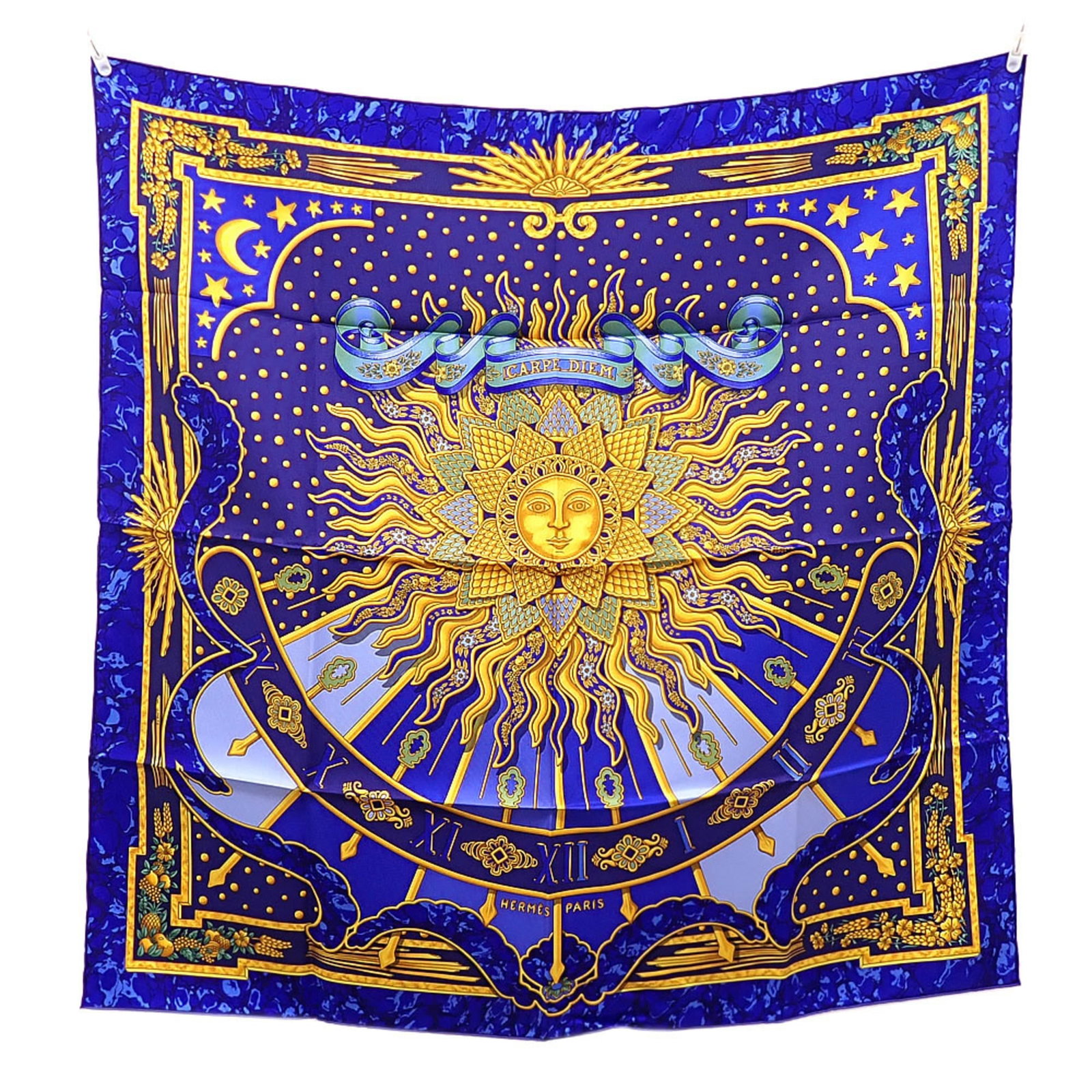 Silk scarf from Hermes: Silk scarf from Hermes Silk scarf from renowned luxury brand Hermes, featuring a stunning blue and gold color combination. Made from high-quality silk with a size of 86cm x 86cm, this scarf boasts a