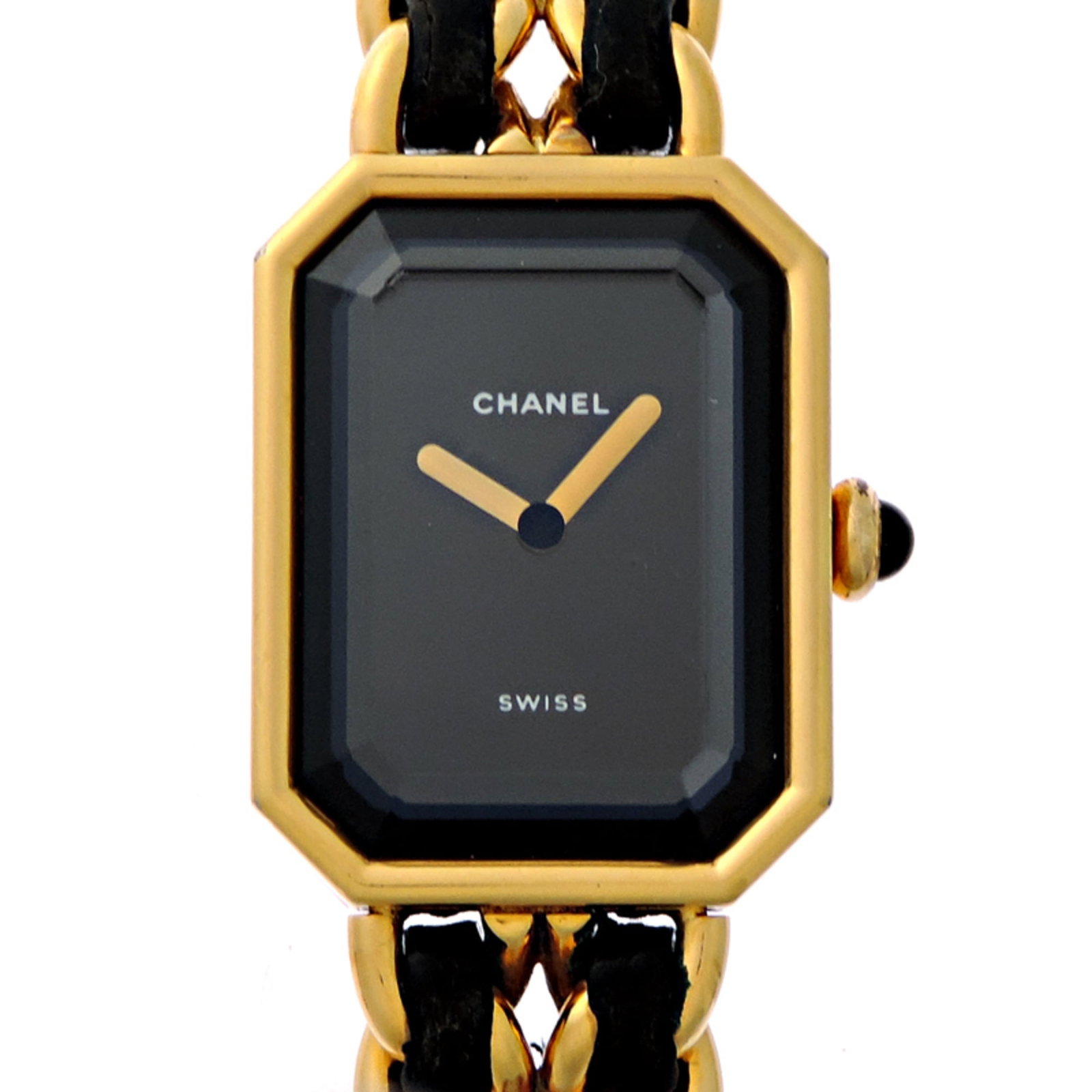 Chanel Wristwatch: Chanel Wristwatch Stainless steel case and band add a sleek touch to this black Chanel wristwatch, measuring 20mm in diameter. The watch has been worn and shows signs of usage, including scratches