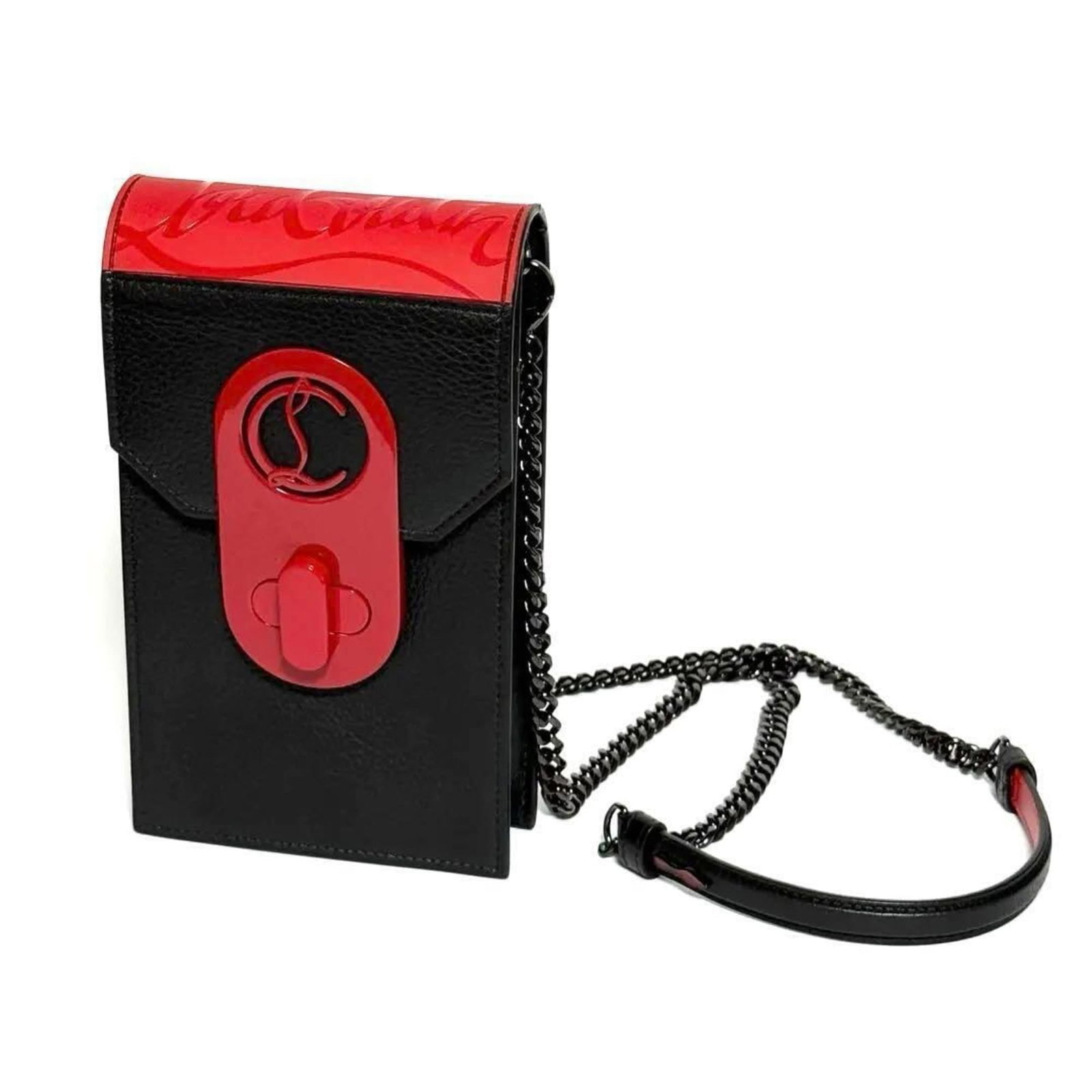 Louboutin Christian Leather Metal Pouch Bag Shoulder: Louboutin Christian Leather Metal Pouch Bag Shoulder Black leather and metal Louboutin Christian shoulder bag with a sleek, modern design. The bag features a small pouch shape and measures