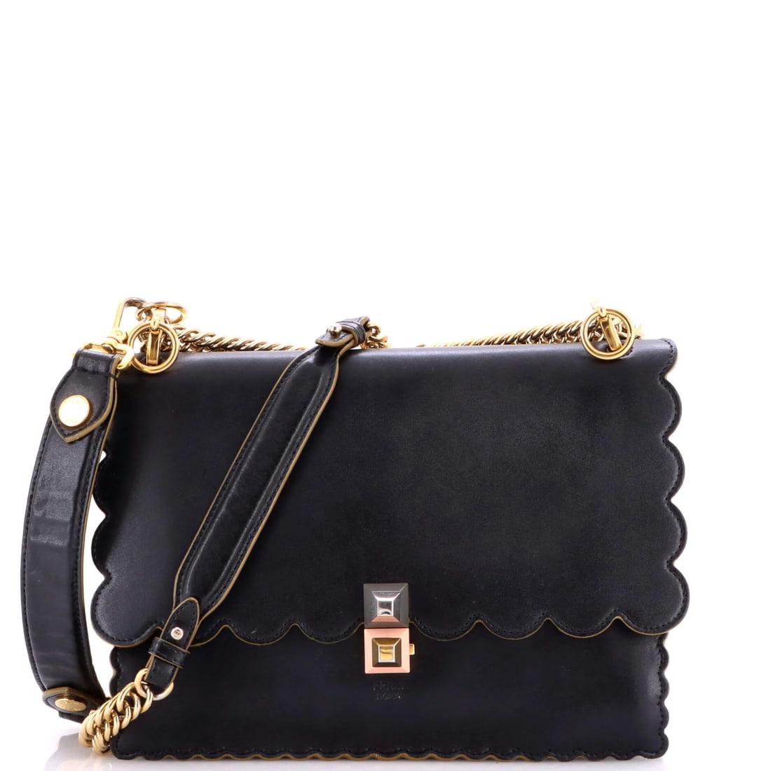 Kan I Bag Fendi Leather Medium: Kan I Bag Fendi Leather Medium Black Fendi Kan I Bag Medium Leather Shoulder Bag with Extra Strap, featuring scuffs, cracking, edge wear, corner wear, minor creases, and minor discoloration on