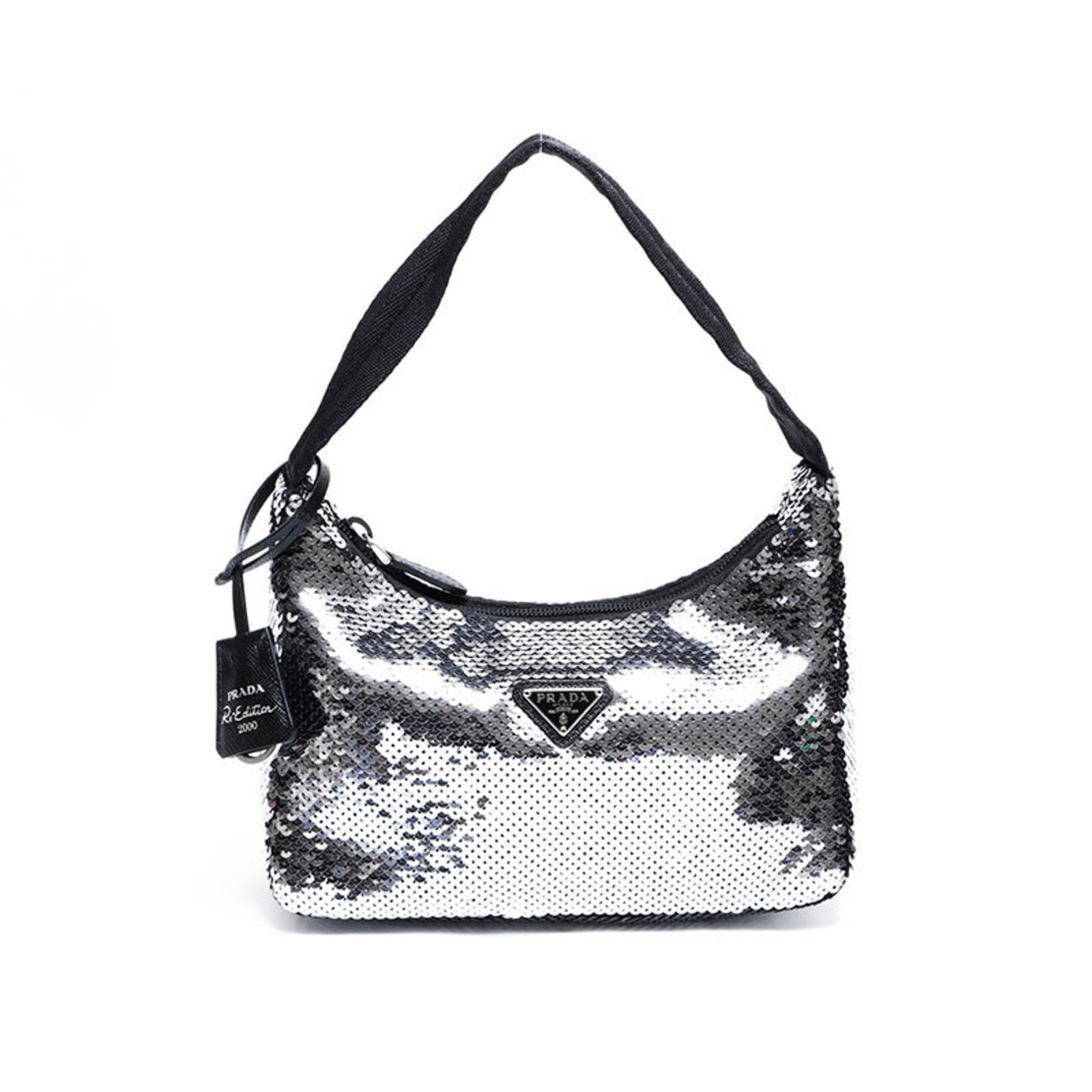 Spangles Prada Shoulder Bag: Spangles Prada Shoulder Bag Spangles Prada Shoulder Bag in Silver, featuring a unique spangles material and silver color. This shoulder bag measures 13cm x 24cm x 6cm and has a strap length of 32cm,