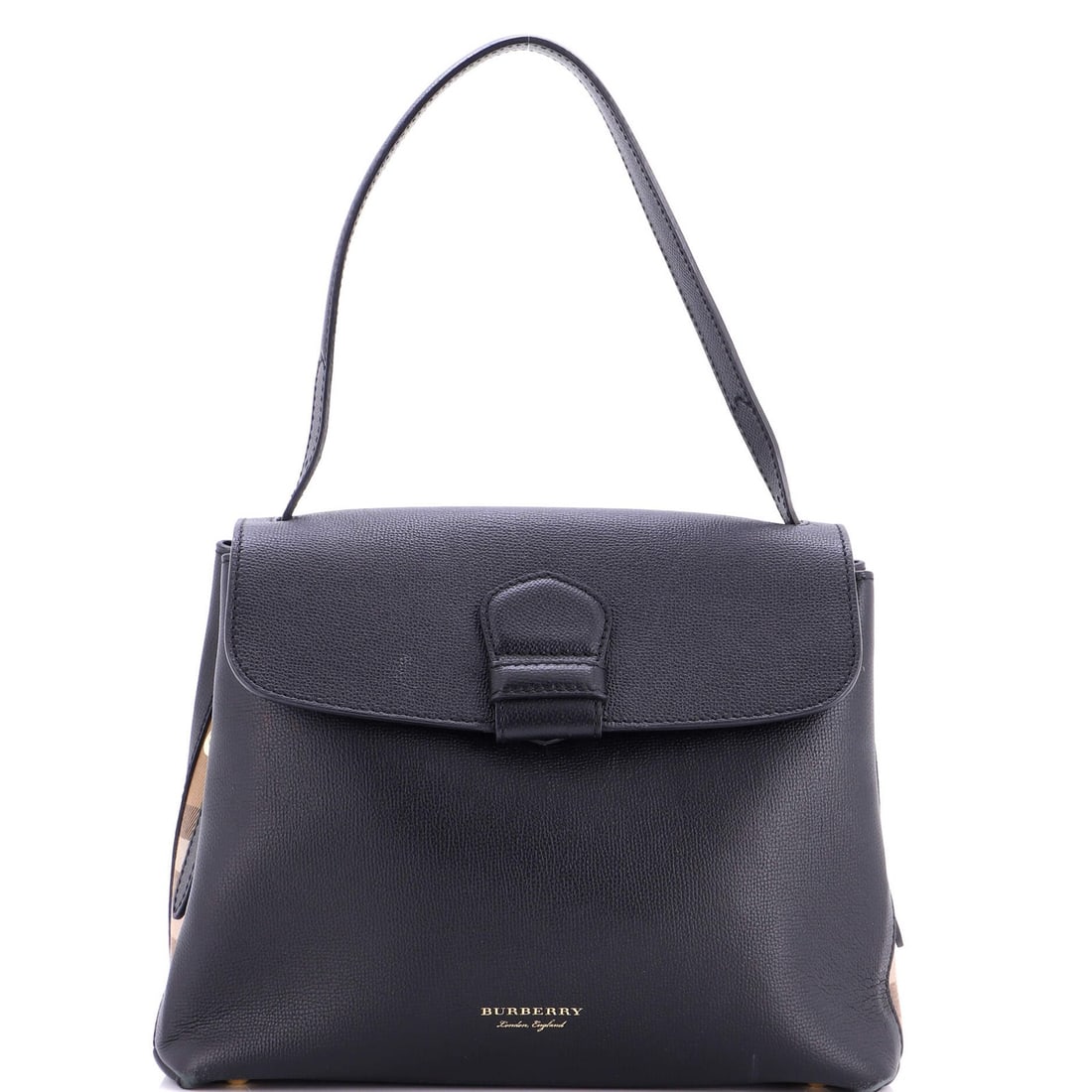 Burberry Camberley Top Handle Bag Leather Medium: Burberry Camberley Top Handle Bag Leather Medium Black leather top handle bag from Burberry's Camberley collection, featuring a medium size and gold hardware. The bag showcases minor scuffs, creases,