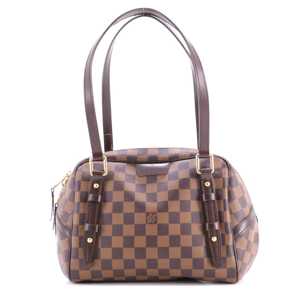 Damier PM Satchel Rivington Louis: Damier PM Satchel Rivington Louis The Damier PM Satchel Rivington Louis from Louis Vuitton features a classic brown canvas exterior with subtle scuffs and edge wear, giving it a well-worn look. With