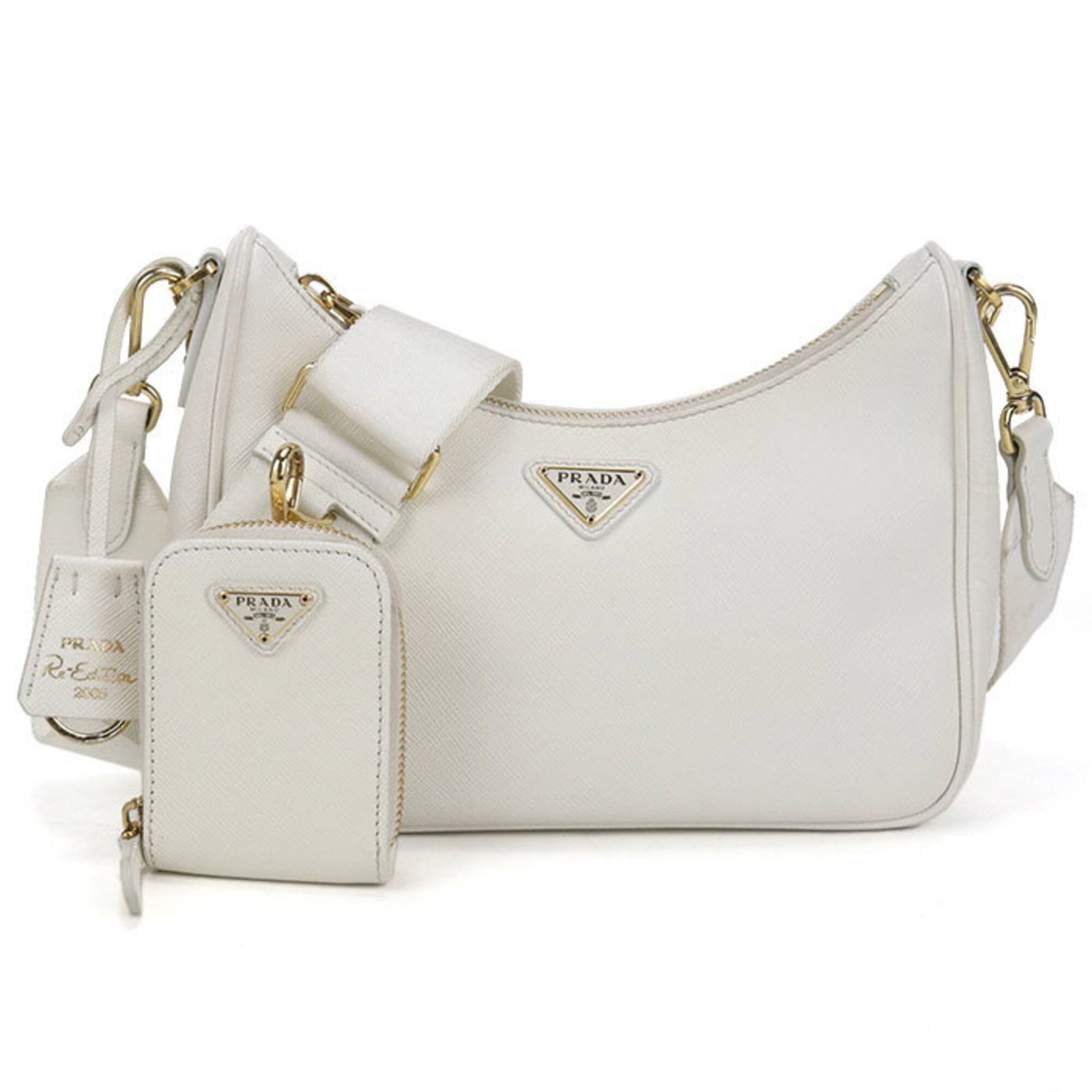 Leather Shoulder Bag Prada: Leather Shoulder Bag Prada White leather Prada shoulder bag with gold hardware, featuring calfskin material and a classic design. This used bag has some scratches and dirt but remains in very good