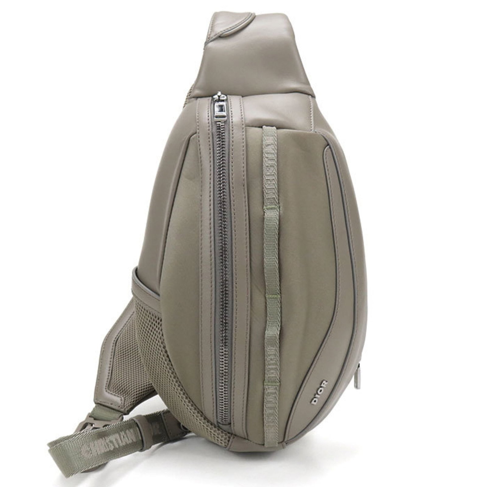 Sling Bag Leather Christian Dior: Sling Bag Leather Christian Dior Gray leather Christian Dior sling bag with silver hardware, featuring calfskin material and a compact size. The bag shows some signs of usage, including scratches and