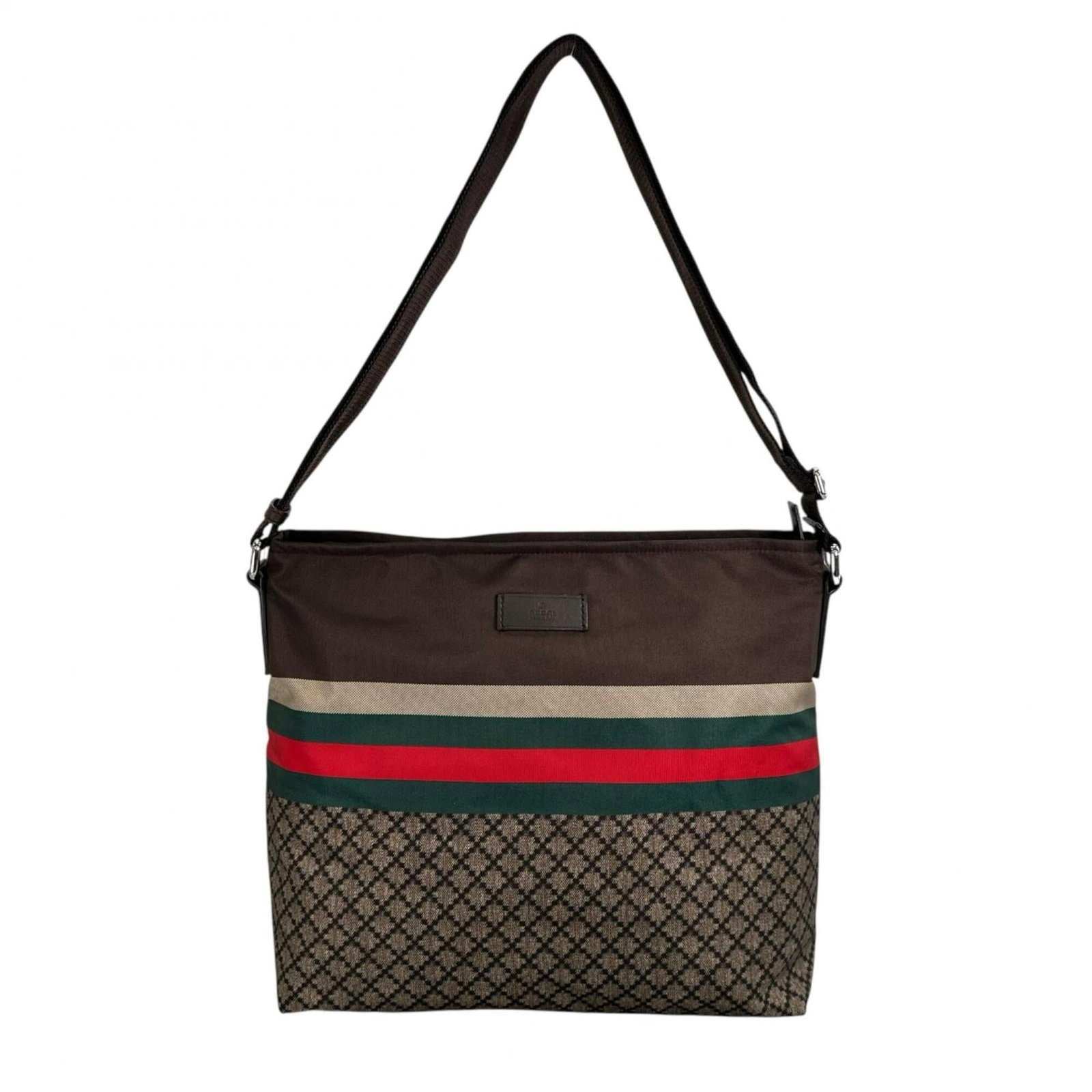 Nylon Gucci Bag Shoulder: Nylon Gucci Bag Shoulder This Brown Nylon Gucci Shoulder Bag features a classic design with silver hardware. Made from high-quality nylon, the bag has a durable and stylish construction that