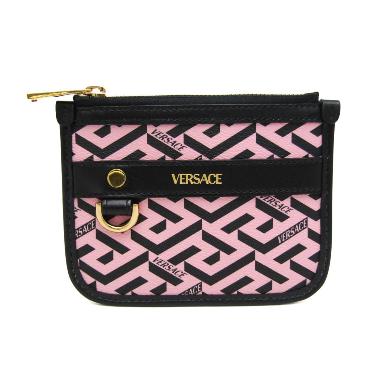 Pouch Leather Pvc Versace: Pouch Leather Pvc Versace Versace's iconic Pouch Leather Pvc design in sleek black and pop pink hues. This versatile, small pouch boasts a unique blend of leather and PVC materials, adding an edgy tou