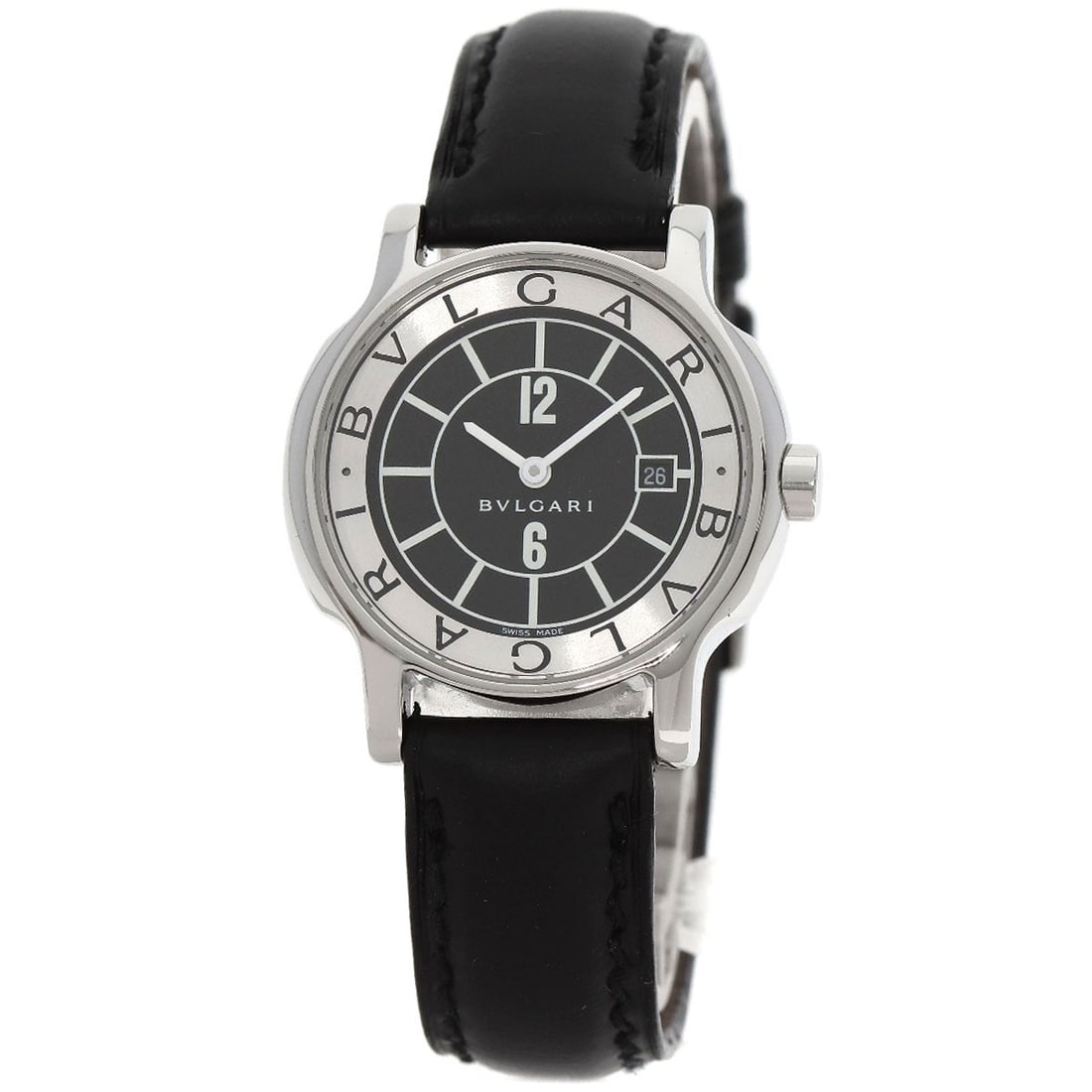 Bvlgari Solo Watches St29S Stainless Steel Leather: Bvlgari Solo Watches St29S Stainless Steel Leather Stainless steel and silver leather come together in sleek, modern design. This Bvlgari Solo watch boasts an analog display and quartz movement,
