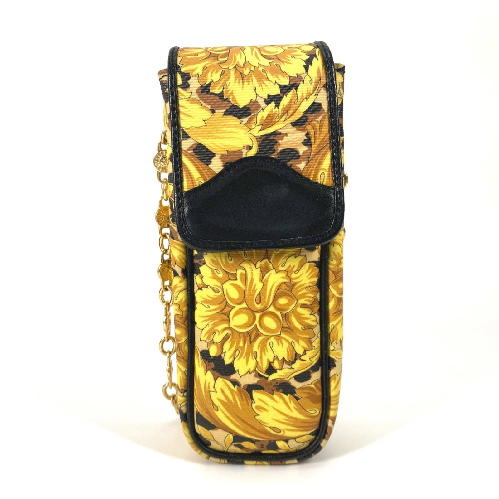 Shoulder Bag By Versace: Shoulder Bag By Versace Yellow Versace shoulder bag with a mix of scratches and dirt, offering a worn-in look. Measuring 5.5cm x 16.5cm x 3.5cm, it features a classic design with a long strap at 43.3