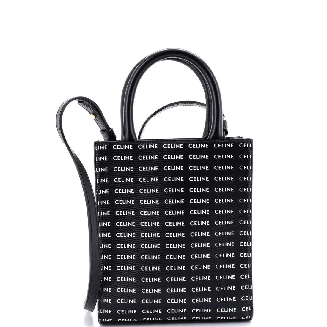 Vertical Cabas Tote Logo Print Mini Leather All Over Celine: Vertical Cabas Tote Logo Print Mini Leather All Over Celine Black leather mini tote with all-over logo print, featuring gold hardware and minor scuffs. Measuring 8" high x 6.5" wide x 2" deep, it