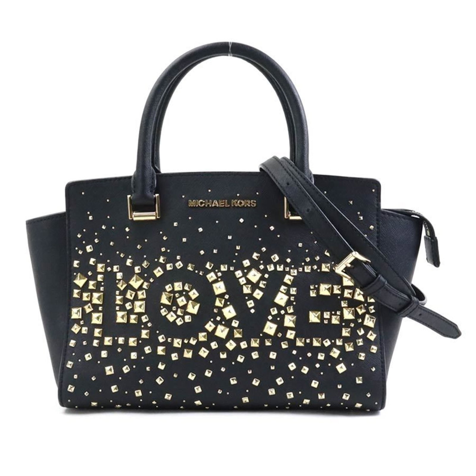 Michael Kors Leather Metal Handbag Shoulder Bag: Michael Kors Leather Metal Handbag Shoulder Bag Black leather and metal shoulder bag from Michael Kors, featuring a zipper outer pocket. Measuring 20cm x 28cm x 12cm, this used handbag has traces of