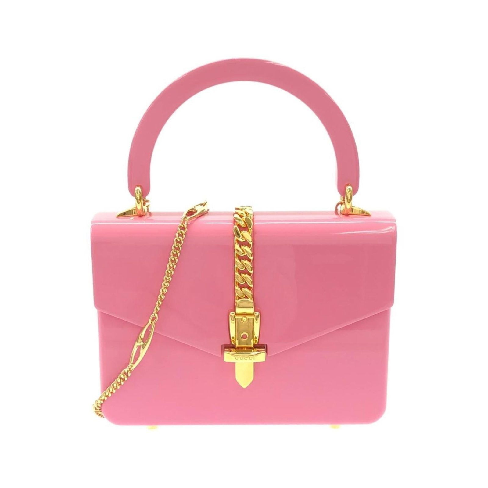 Handbag Acrylic by Gucci: Handbag Acrylic by Gucci Acrylic handbag from Gucci with gold hardware, featuring a durable and versatile design. Made from high-quality acrylic material, this bag boasts a sleek and modern aesthetic.