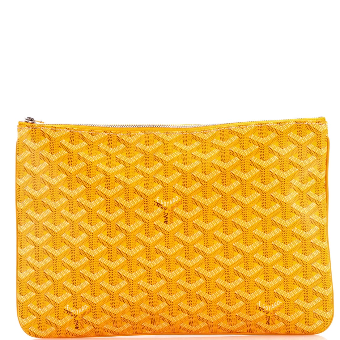 Senat Coated Canvas MM Pouch Goyard Zip: Senat Coated Canvas MM Pouch Goyard Zip Yellow Senat Coated Canvas MM Pouch with Silver Zip. This Goyard Senat zip pouch features a vibrant yellow exterior and interior, paired with silver hardware.