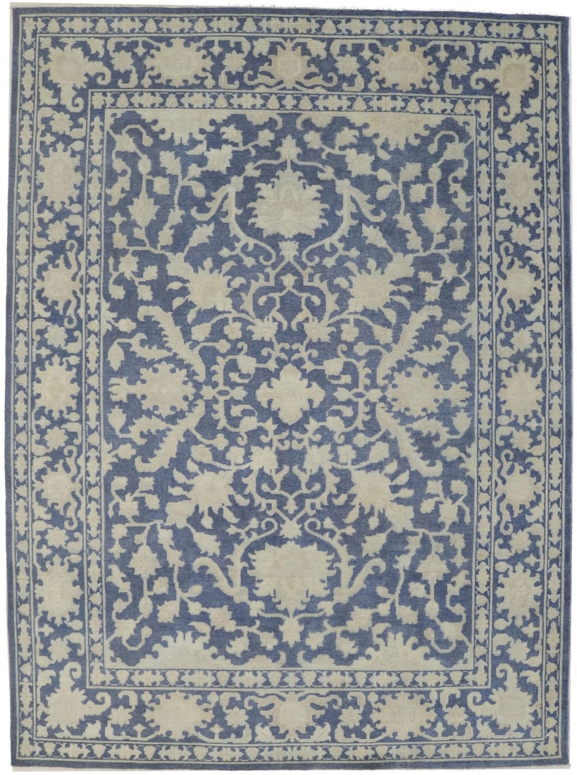 Handmade Wool Oriental Rug with Large Slate Blue Classic Floral Design: Handmade Wool Oriental Rug with Large Slate Blue Classic Floral Design Hand-knotted with love, this unique wool Oriental rug boasts a stunning large slate blue classic floral design. Its muted colors
