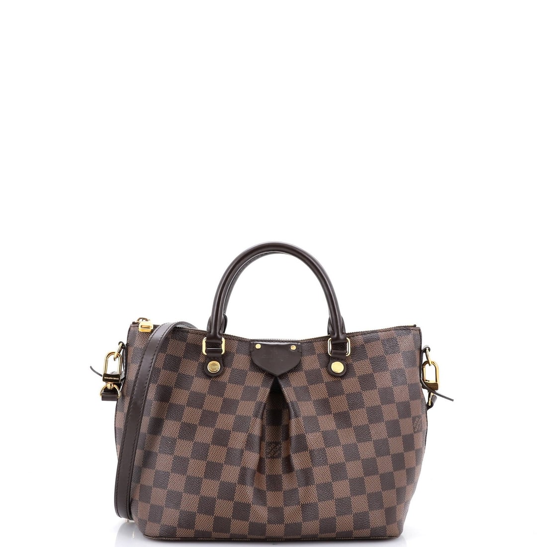 Handbag Damier Louis Vuitton Siena: Handbag Damier Louis Vuitton Siena Brown canvas coated Siena handbag with Damier PM pattern, featuring gold hardware and red interior. The bag has some signs of wear, including heavy corner wear, scuf