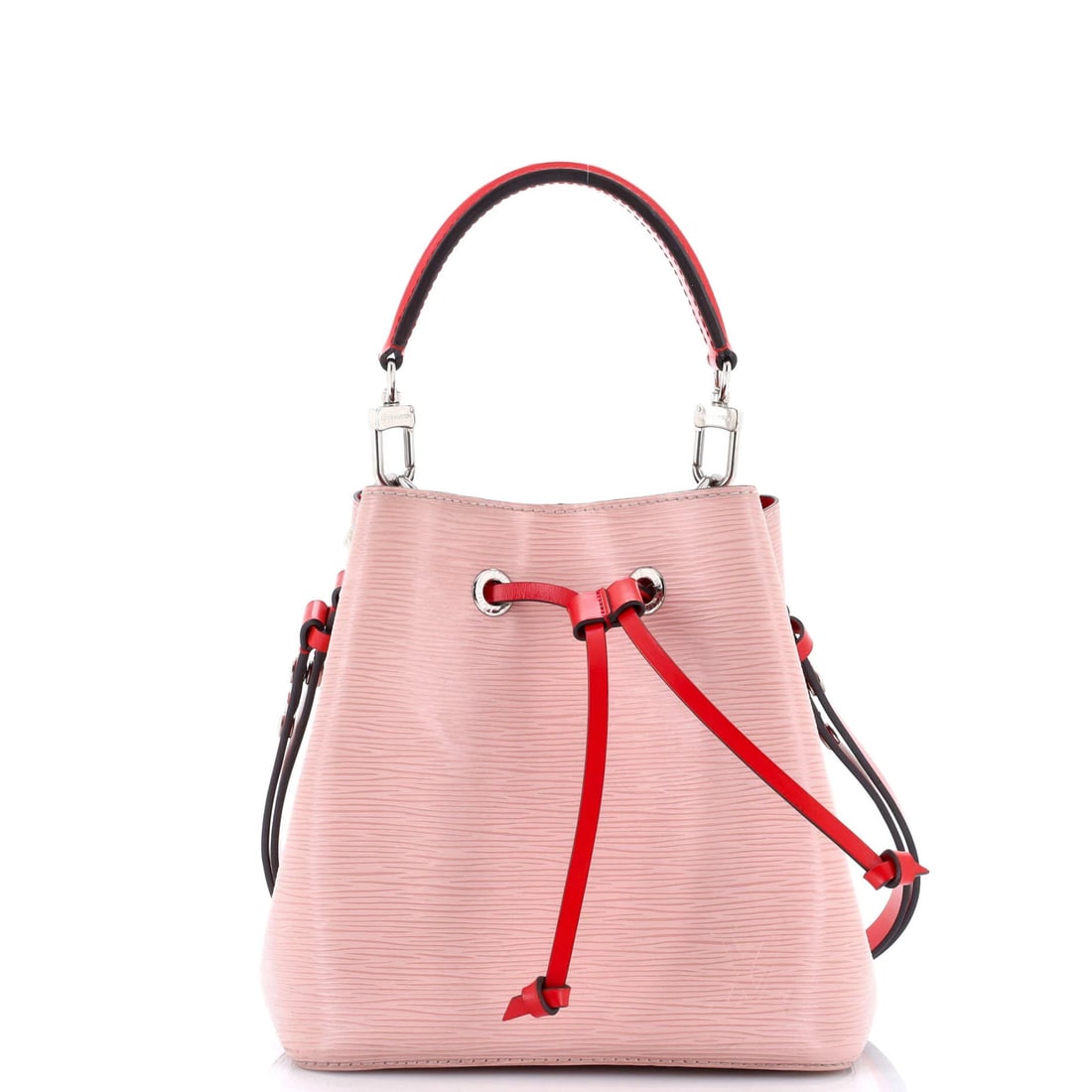 NeoNoe Epi Leather Louis Vuitton Handbag: NeoNoe Epi Leather Louis Vuitton Handbag Pink NeoNoe Epi Leather Louis Vuitton BB Handbag with Extra Strap, featuring scuffs and minor creases on the exterior. Measuring 8" x 5" x 4.5" (height,