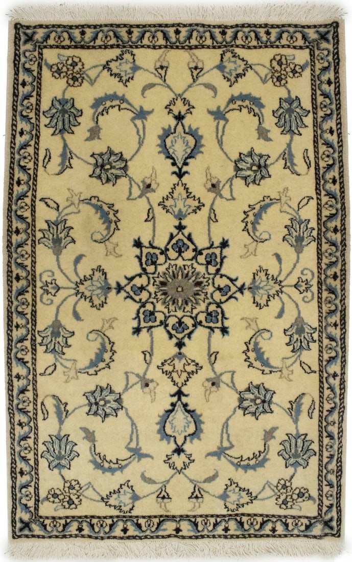 Hand-Knotted Wool Oriental Rug Vintage Style Classic Floral Design Carpet 3X5: Hand-Knotted Wool Oriental Rug Vintage Style Classic Floral Design Carpet 3X5 Hand-knotted wool rug with a classic floral design in cream, beige, blue, and dark navy hues. This vintage-style carpet
