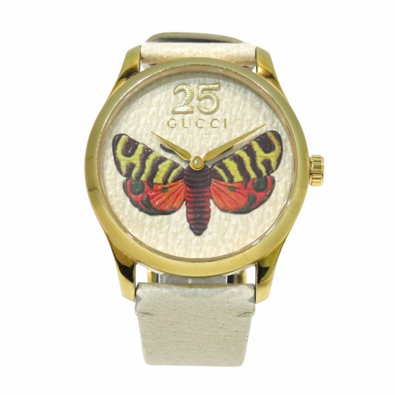 Wristwatch by Gucci: Wristwatch by Gucci Gold plated Gucci wristwatch with an ivory dial, available in a 38mm case diameter and adjustable leather band. The watch features analog display and has been worn, showing traces 
