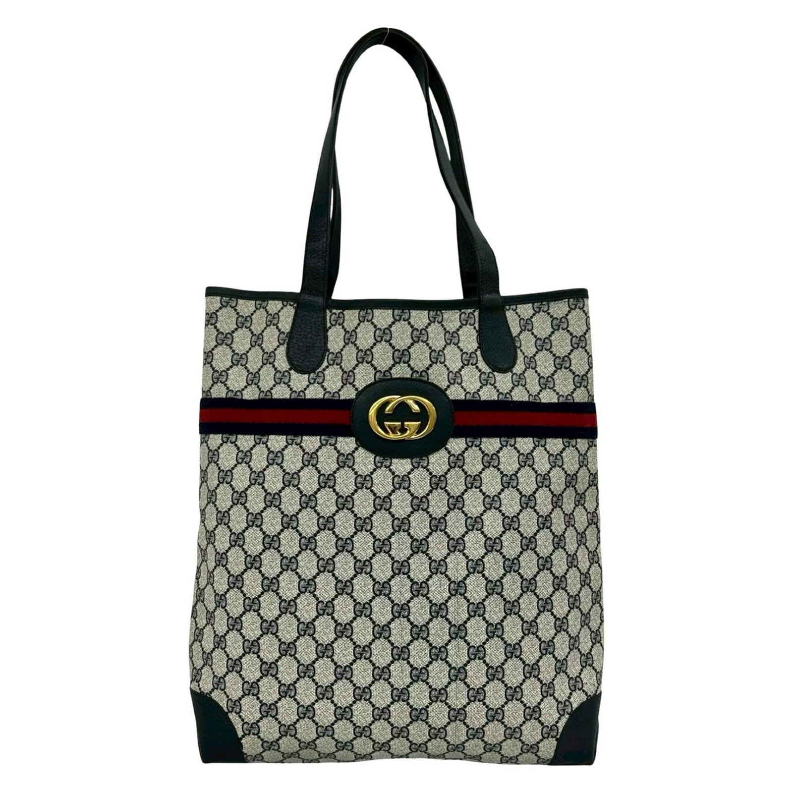 PVC Leather Gucci Bag Tote: PVC Leather Gucci Bag Tote Navy and red PVC leather Gucci tote bag with a classic design, bearing traces of usage and minor scratches. The bag measures 37cm x 31.5cm x 8cm and features a durable