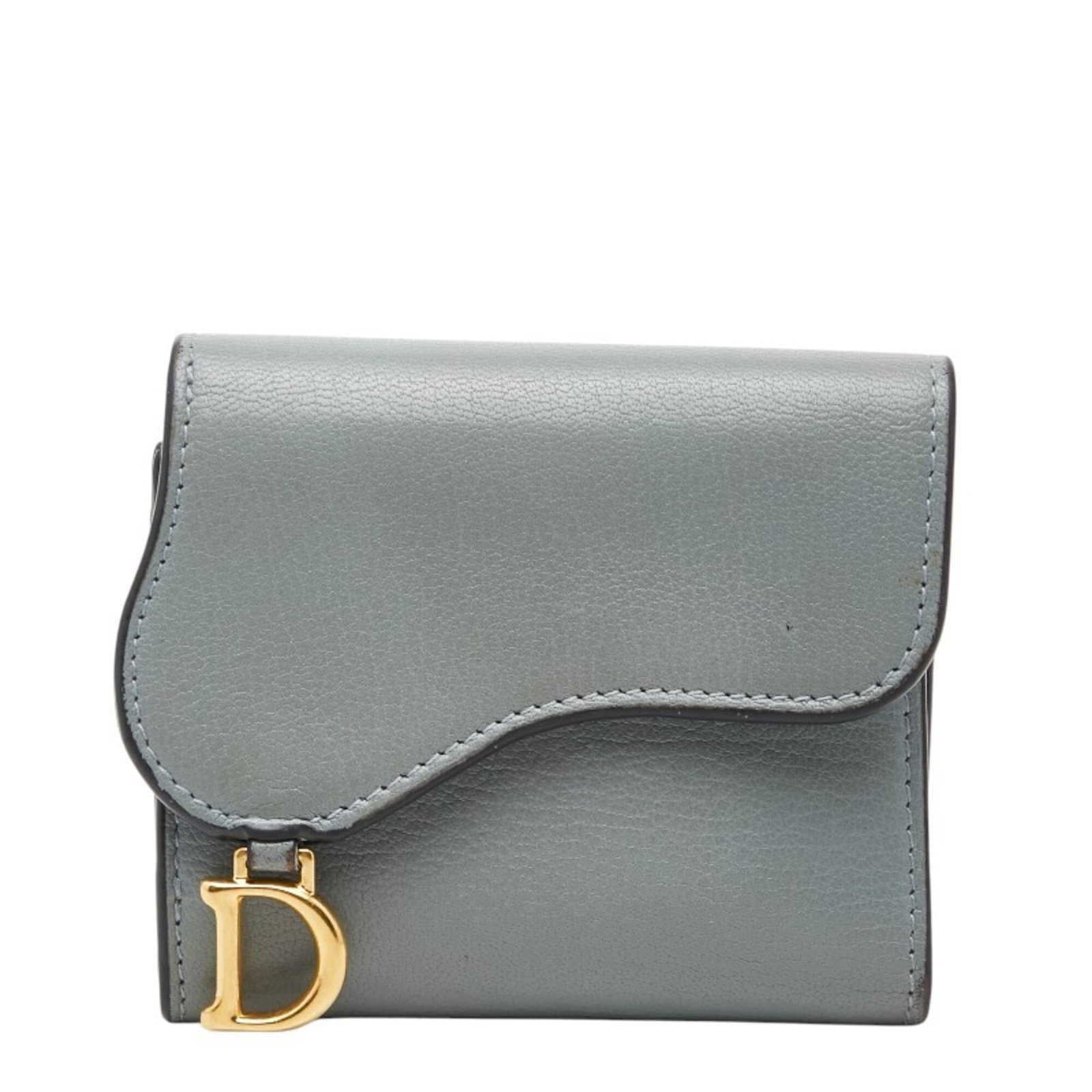 Dior Wallet Leather Bi fold Christian: Dior Wallet Leather Bi fold Christian Light blue gray leather bi-fold wallet from Christian Dior, featuring a classic design with subtle scratches and minor dirt marks. Measuring 9cm x 10cm x 2.5cm,