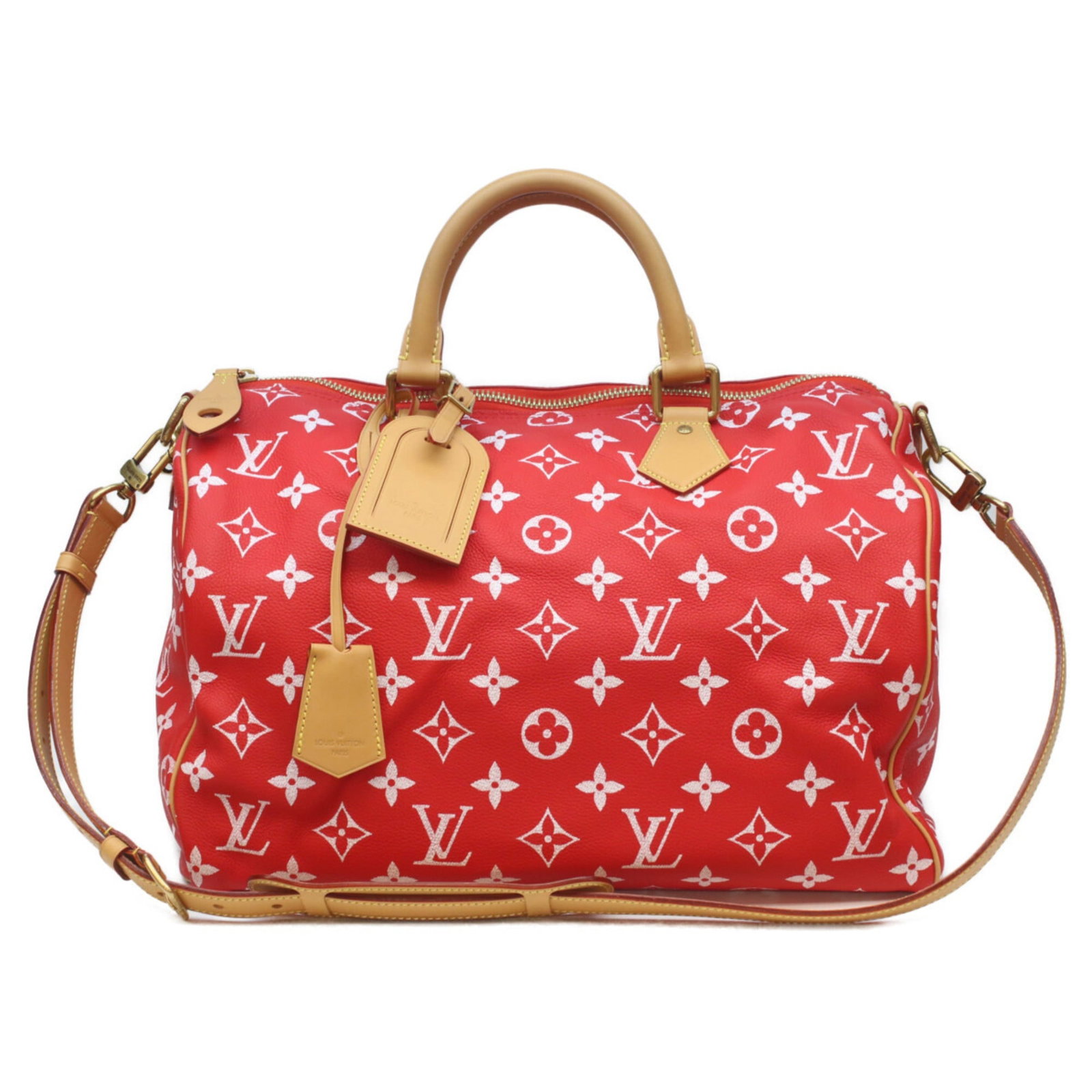 Boston Bag Leather Louis: Boston Bag Leather Louis Red Color, Rouge Boston Bag Leather Louis Vuitton. This used but mint condition bag features high-quality leather and classic design elements. Measuring 28cm x 40cm x 23cm, it