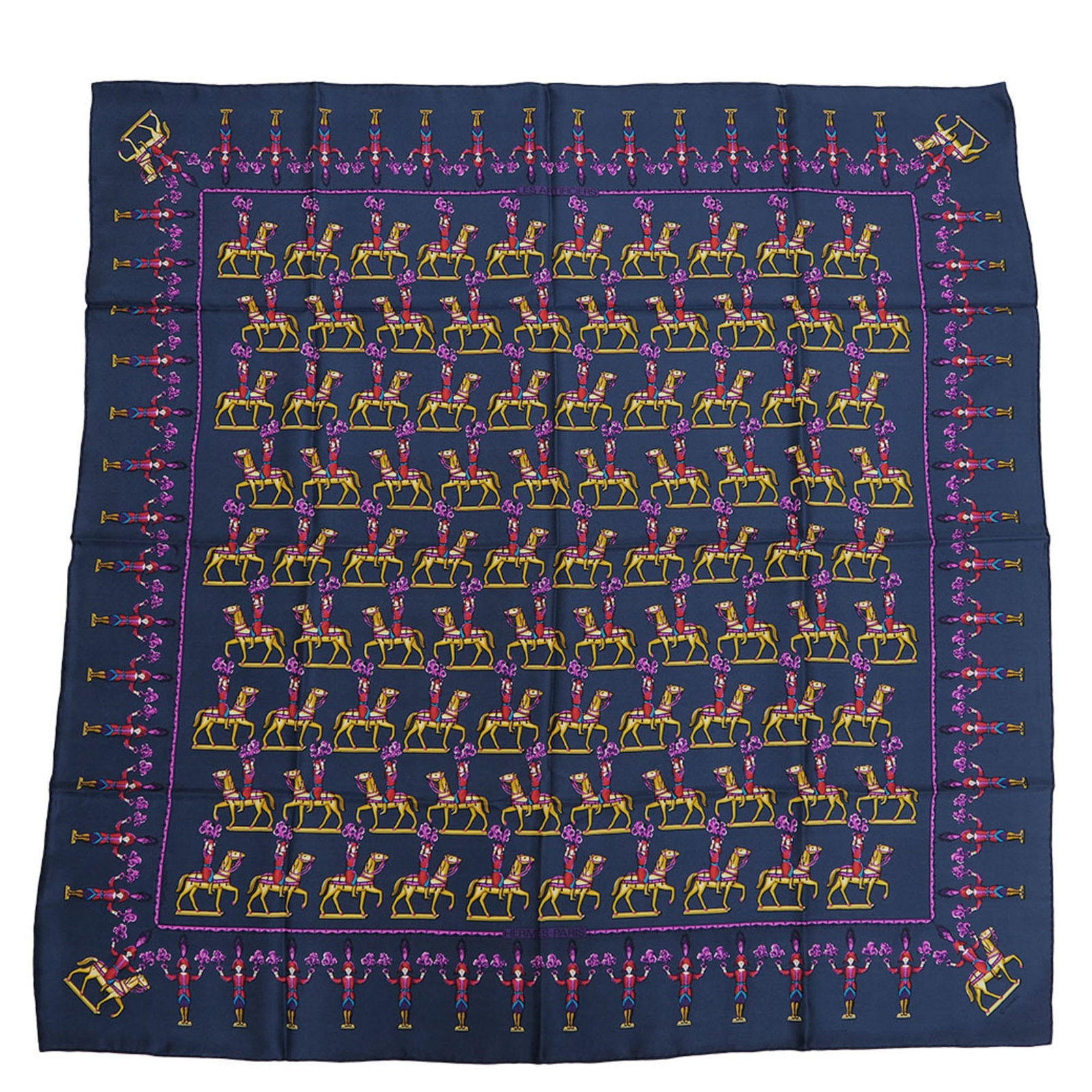 Silk scarf from Hermes: Silk scarf from Hermes Navy silk square scarf from renowned luxury brand Hermes, bearing traces of usage and minor scratches. Measuring 90cm x 90cm in size, this classic design showcases the timeless